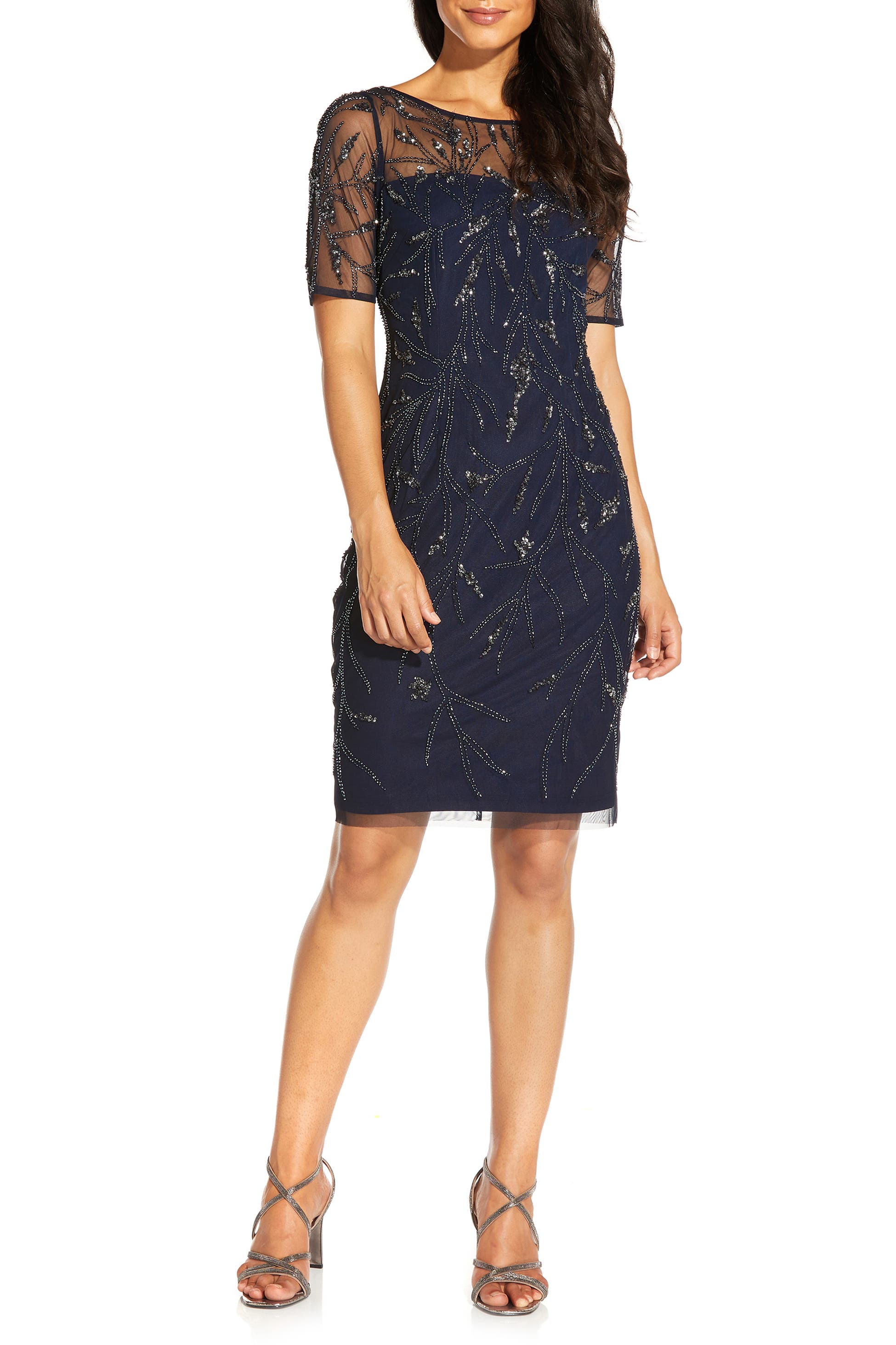 Adrianna Papell Beaded Cocktail Dress In Midnight