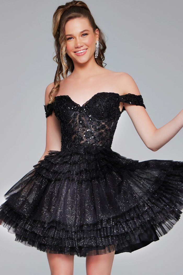 Cocktail Dresses Homecoming Beaded Short Layered Cocktail Dress Black