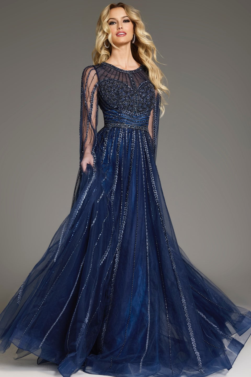 Formal Dresses Long A Line Beaded Formal Cape Sleeve Dress Navy