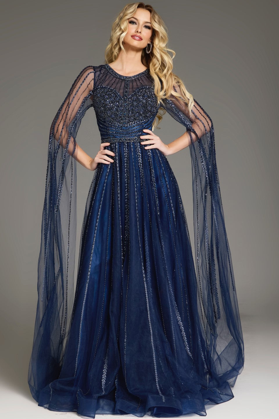 Formal Dresses Long A Line Beaded Formal Cape Sleeve Dress Navy