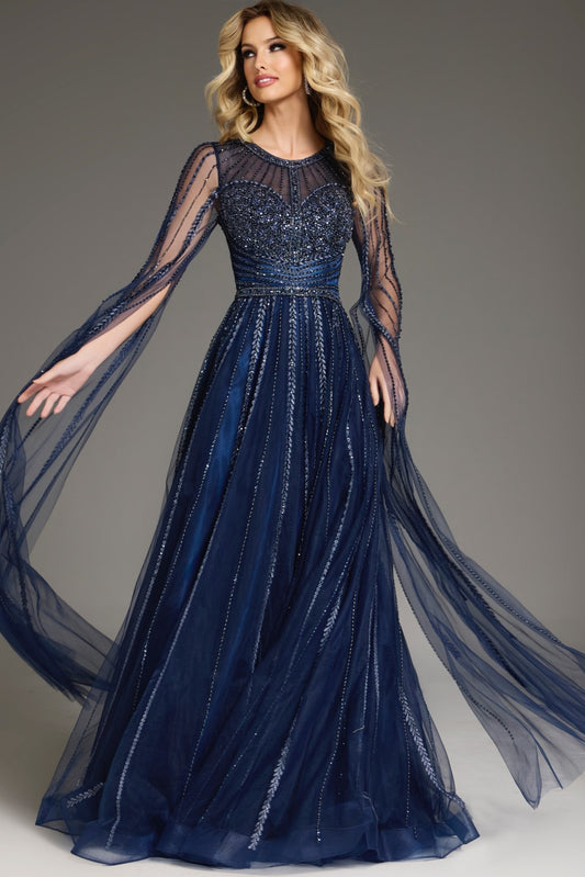 Formal Dresses Long A Line Beaded Formal Cape Sleeve Dress Navy