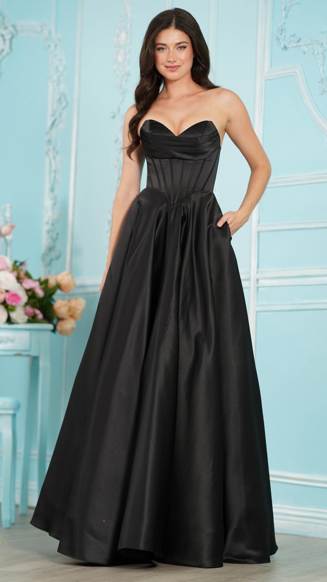 Strapless Curved Neck Floor-Length Satin Occasion Ball Gown Colors 4063