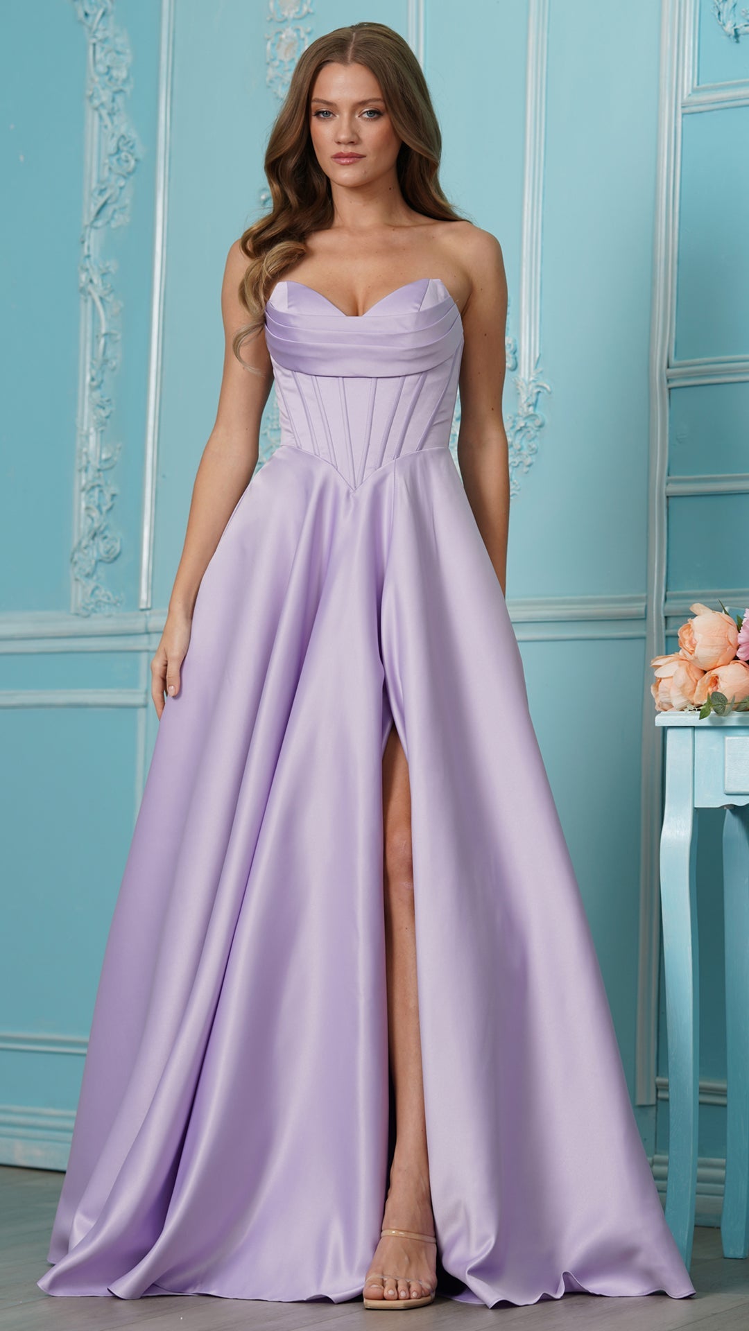 Strapless Curved Neck Floor-Length Satin Occasion Ball Gown Colors 4063