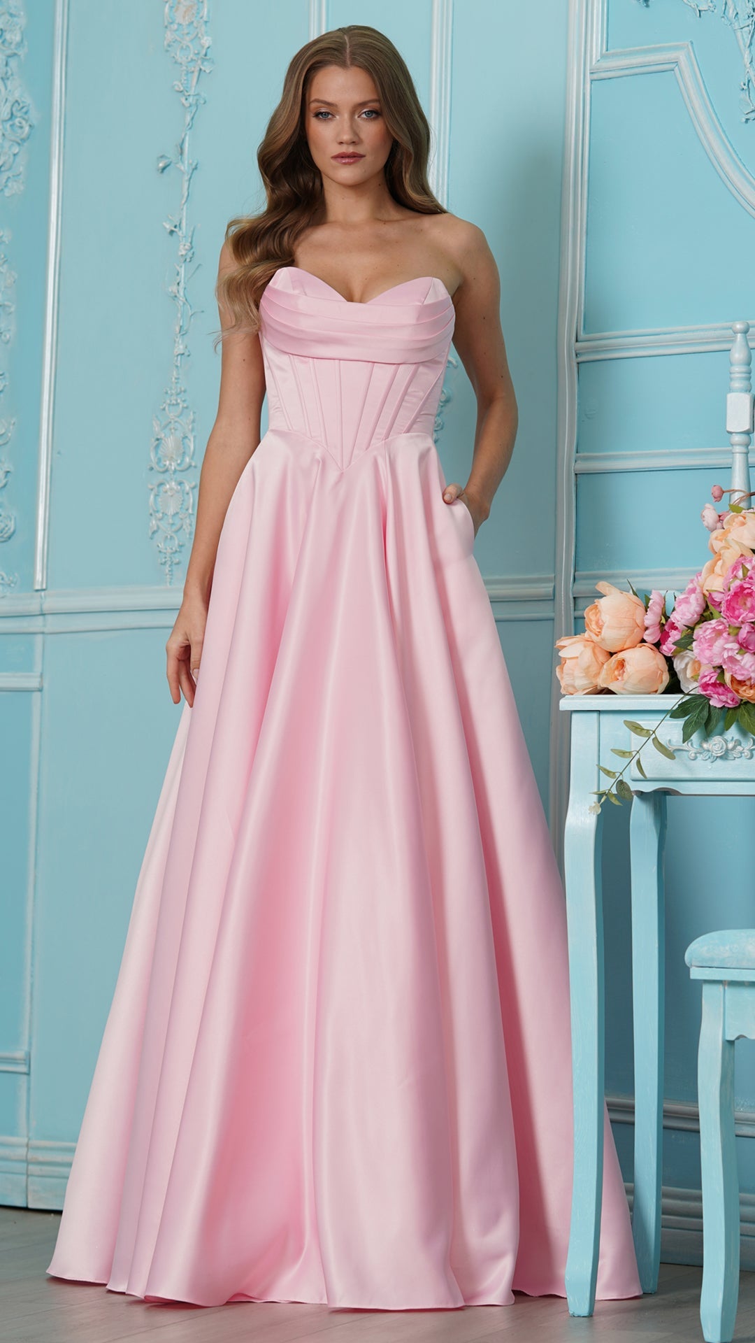 Strapless Curved Neck Floor-Length Satin Occasion Ball Gown Colors 4063
