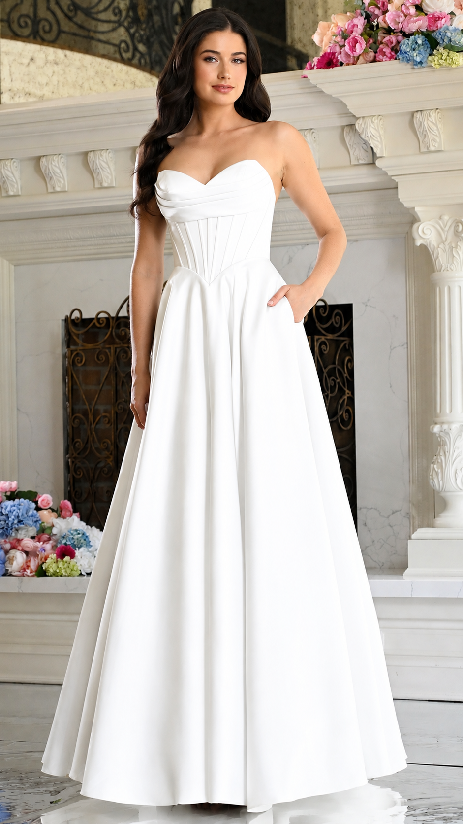 Strapless Curved Neck Floor-Length Satin Occasion A-Line Colors 4063
