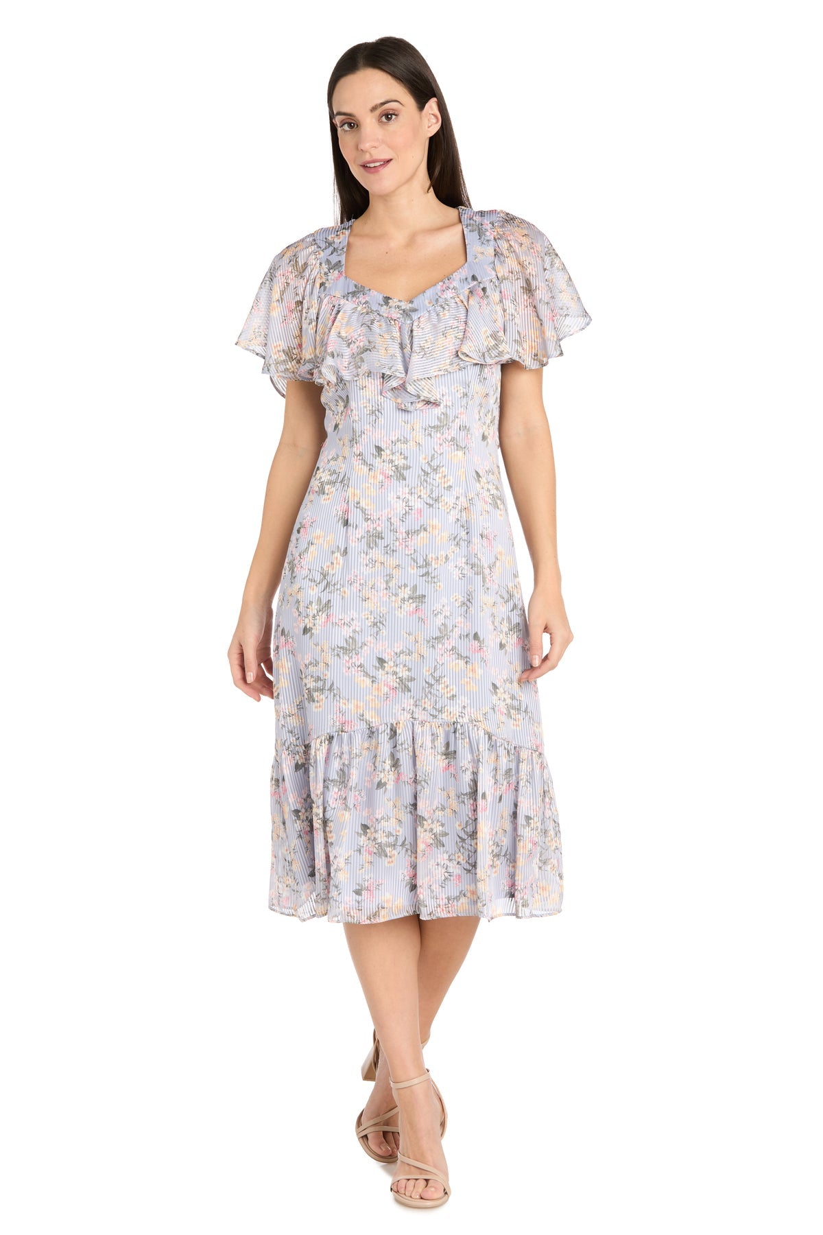 Cocktail Dresses Short Ruffle Cocktail Floral Midi Dress Periwinkle/Blue