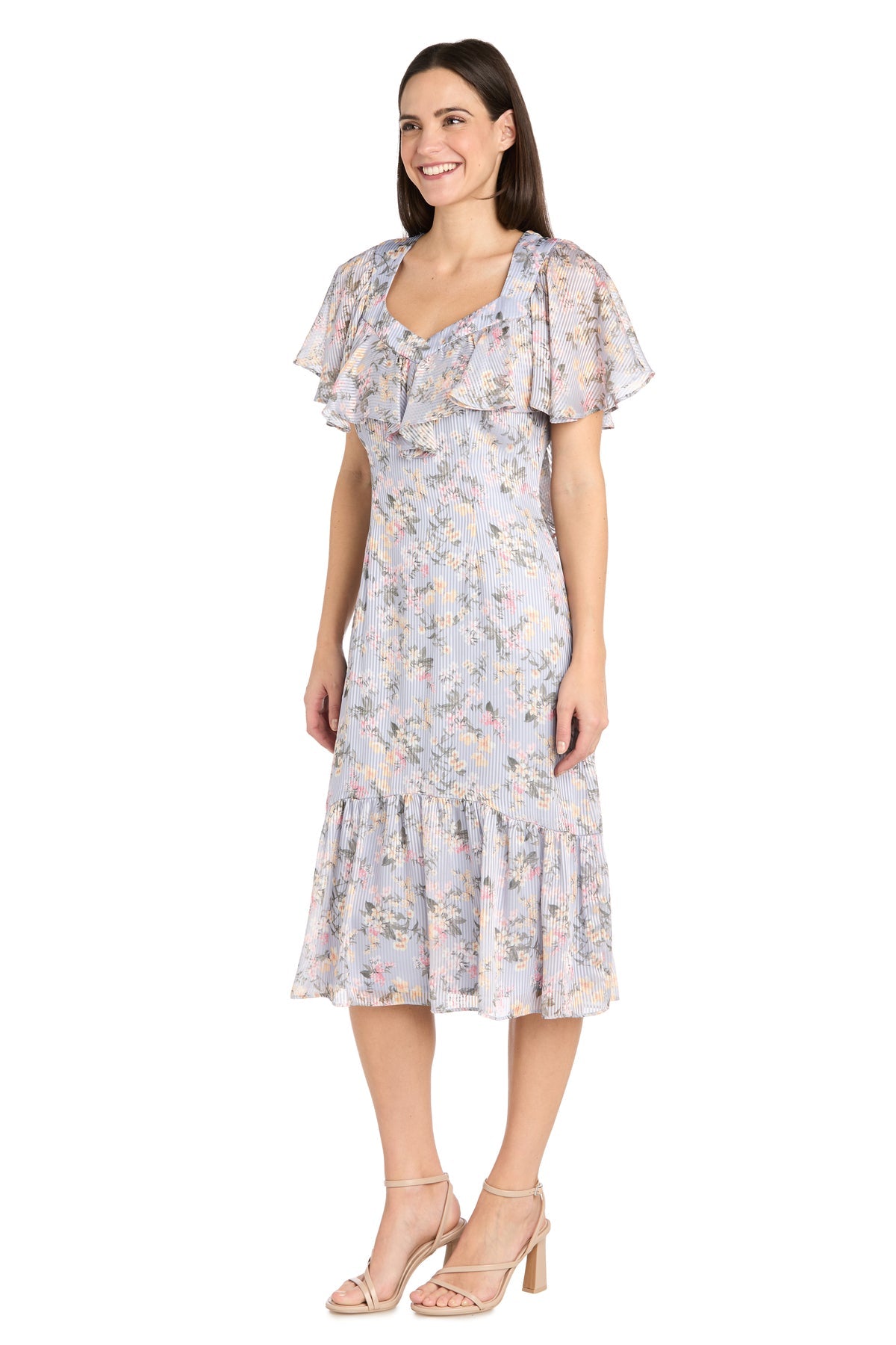 Cocktail Dresses Short Ruffle Cocktail Floral Midi Dress Periwinkle/Blue