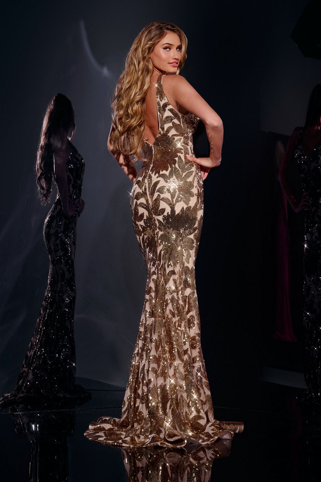 Prom Dresses Formal Long Beaded Sequins Evening Prom Dress Gold