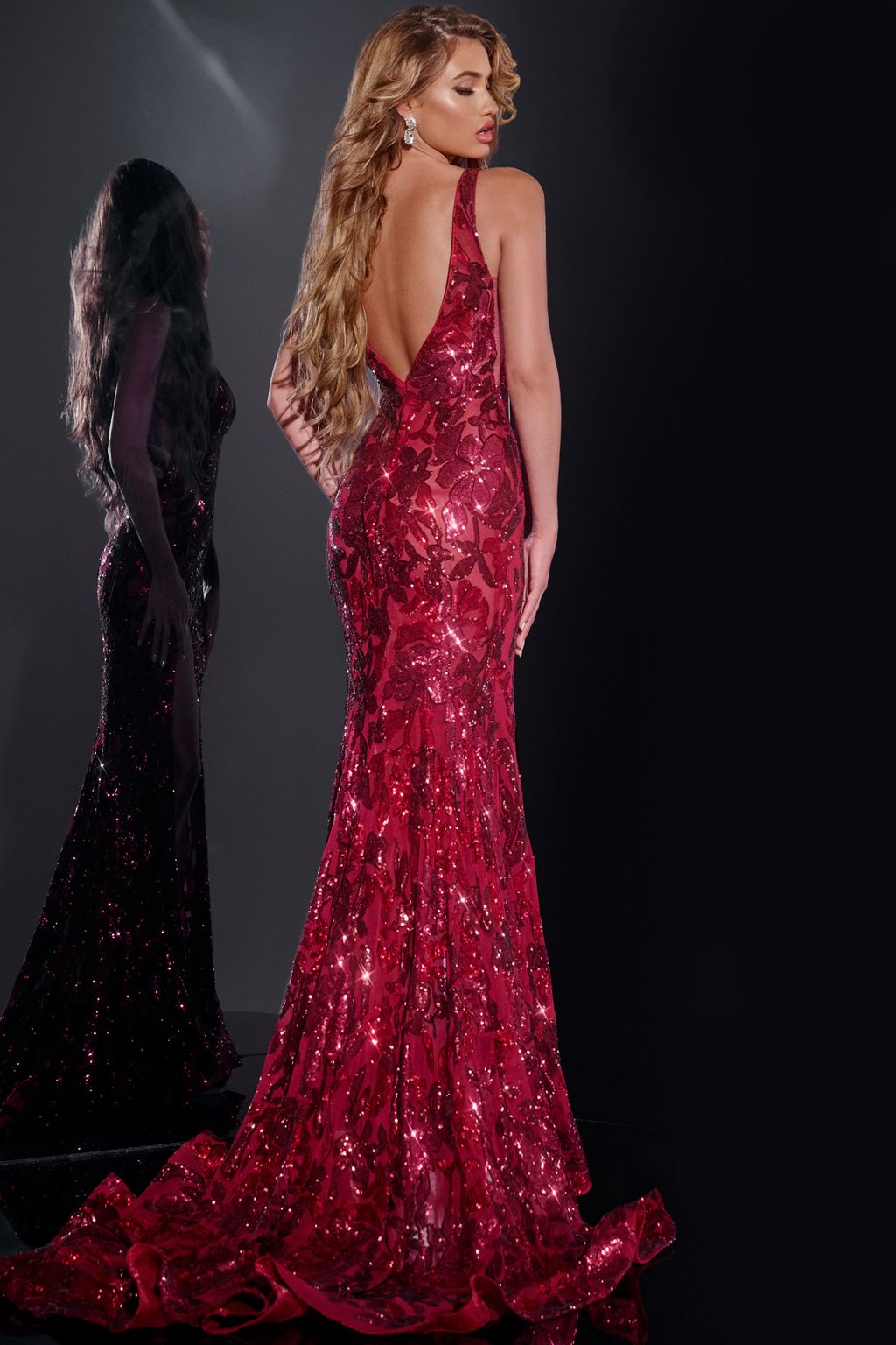Jovani 40755 Formal Long Fitted Sequin Floral Applique Prom Dress
