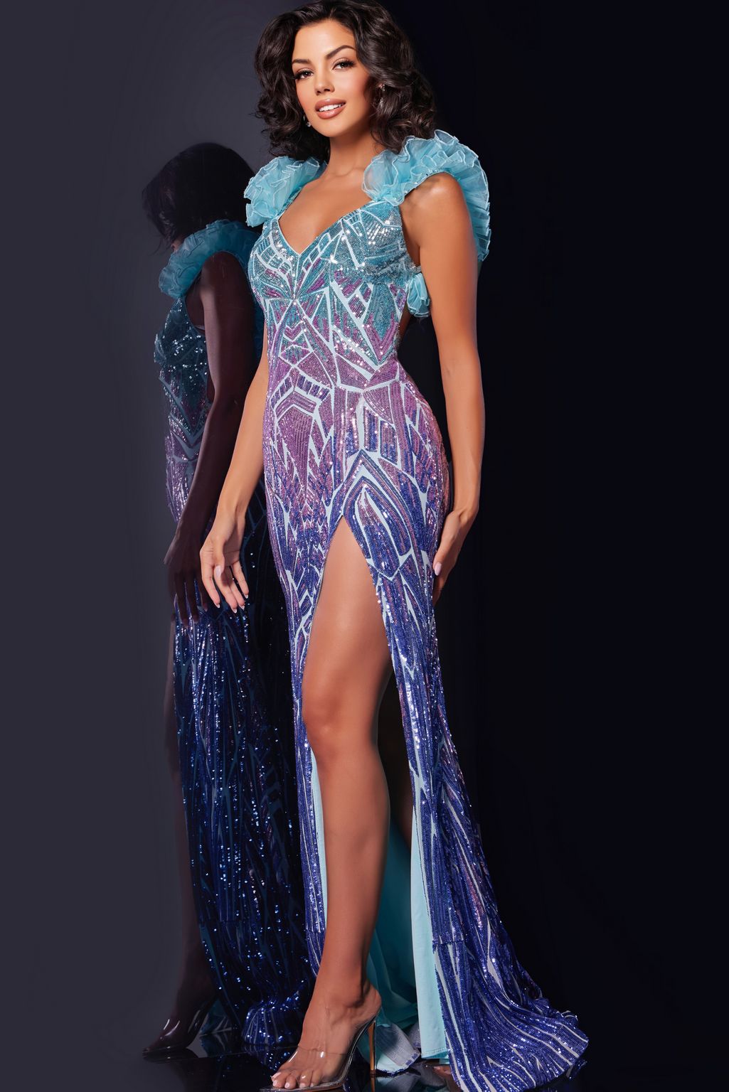 Prom Dresses Fitted Long Formal Geometric Ruffled Prom Dress Blue/Lilac/Indigo