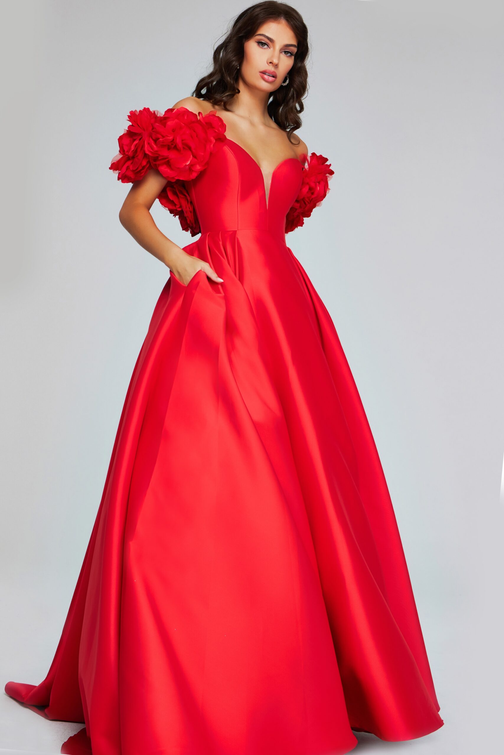 Prom Dresses Long Ball Gown Floral Puff Sleeves Prom Dress Red