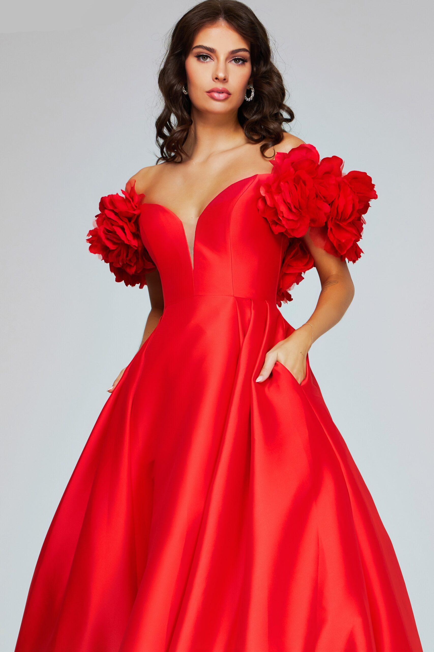 Jovani 40794 Long Ball Gown Floral Puff Sleeves Prom Dress