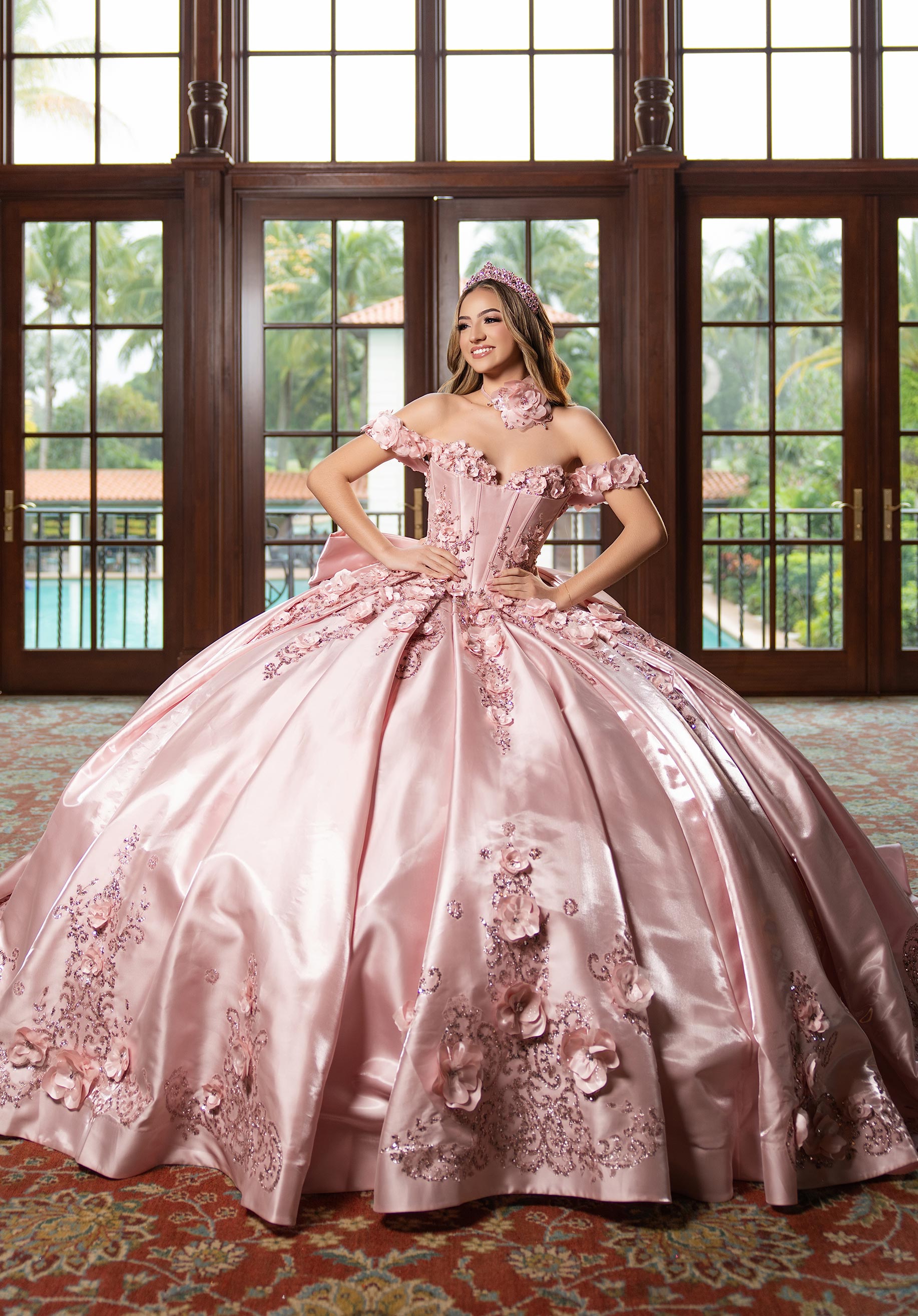 Off-the-Shoulder Floor-Length Satin Quinceañera Ball Gown MGNY Madeline Gardner New York 4080033