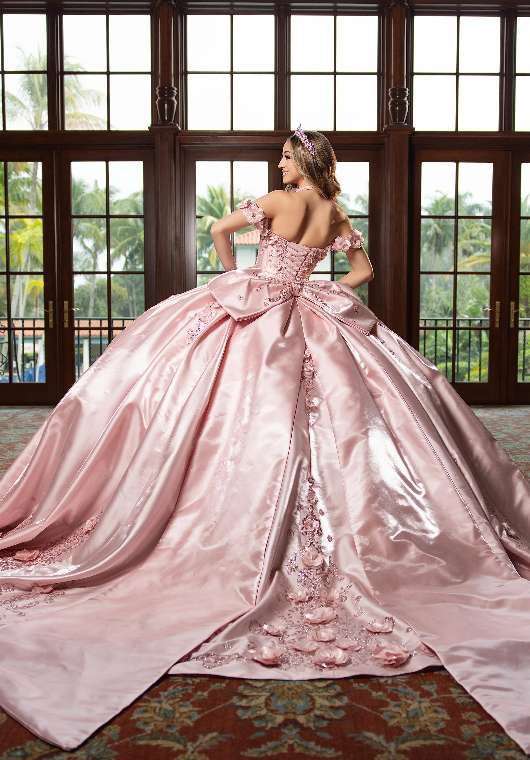 Off-the-Shoulder Floor-Length Satin Quinceañera Ball Gown MGNY Madeline Gardner New York 4080033
