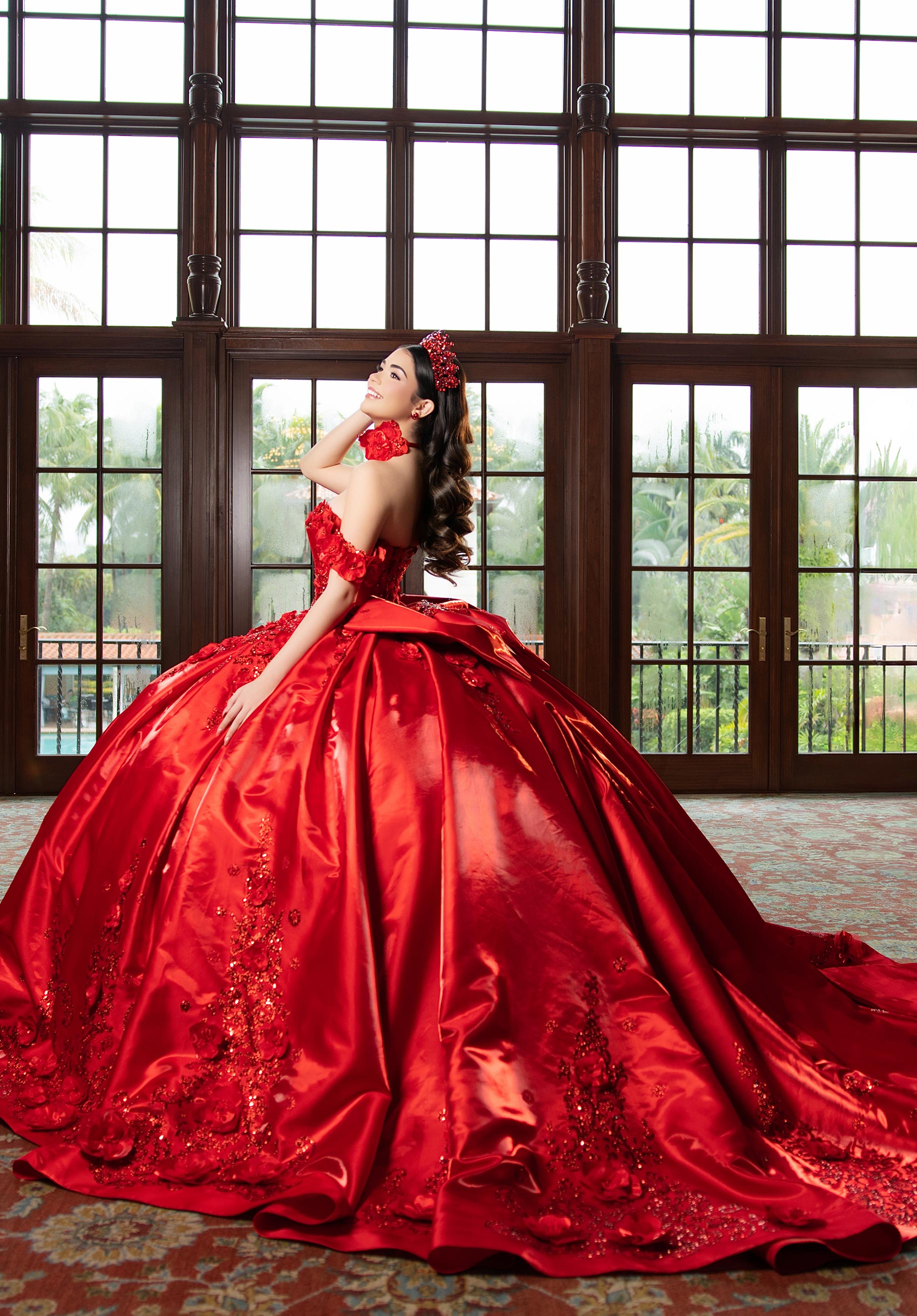 Off-the-Shoulder Floor-Length Satin Quinceañera Ball Gown MGNY Madeline Gardner New York 4080033