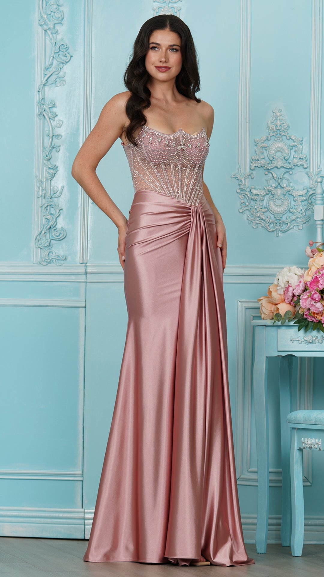 Strapless Curved Neck Floor-Length Satin Occasion Mermaid Colors 4080