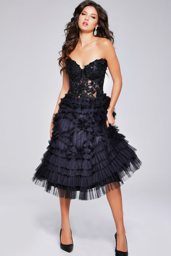 Strapless Curved Neck Tea-Length Tulle Cocktail Fit & Flare Jovani 40854