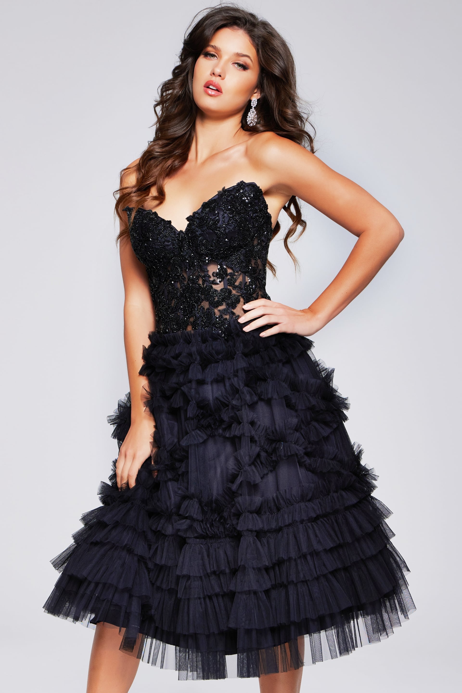 Strapless Curved Neck Tea-Length Tulle Cocktail Fit & Flare Jovani 40854