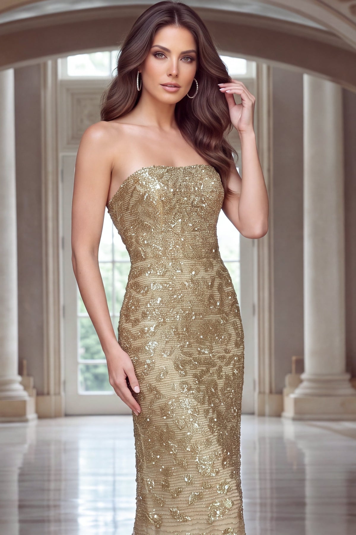 Strapless Curved Neck Floor-Length Sequin Occasion Mermaid Jovani 40887