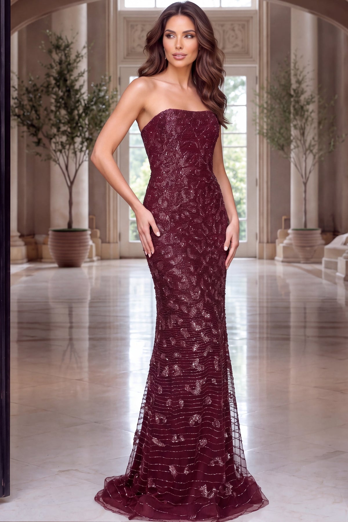 Strapless Curved Neck Floor-Length Sequin Occasion Mermaid Jovani 40887