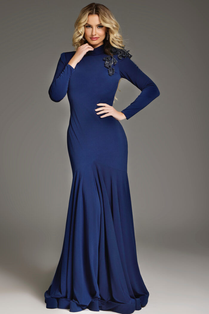 Formal Dresses Long Sleeve Fitted Floral Applique Formal Evening Dress Navy