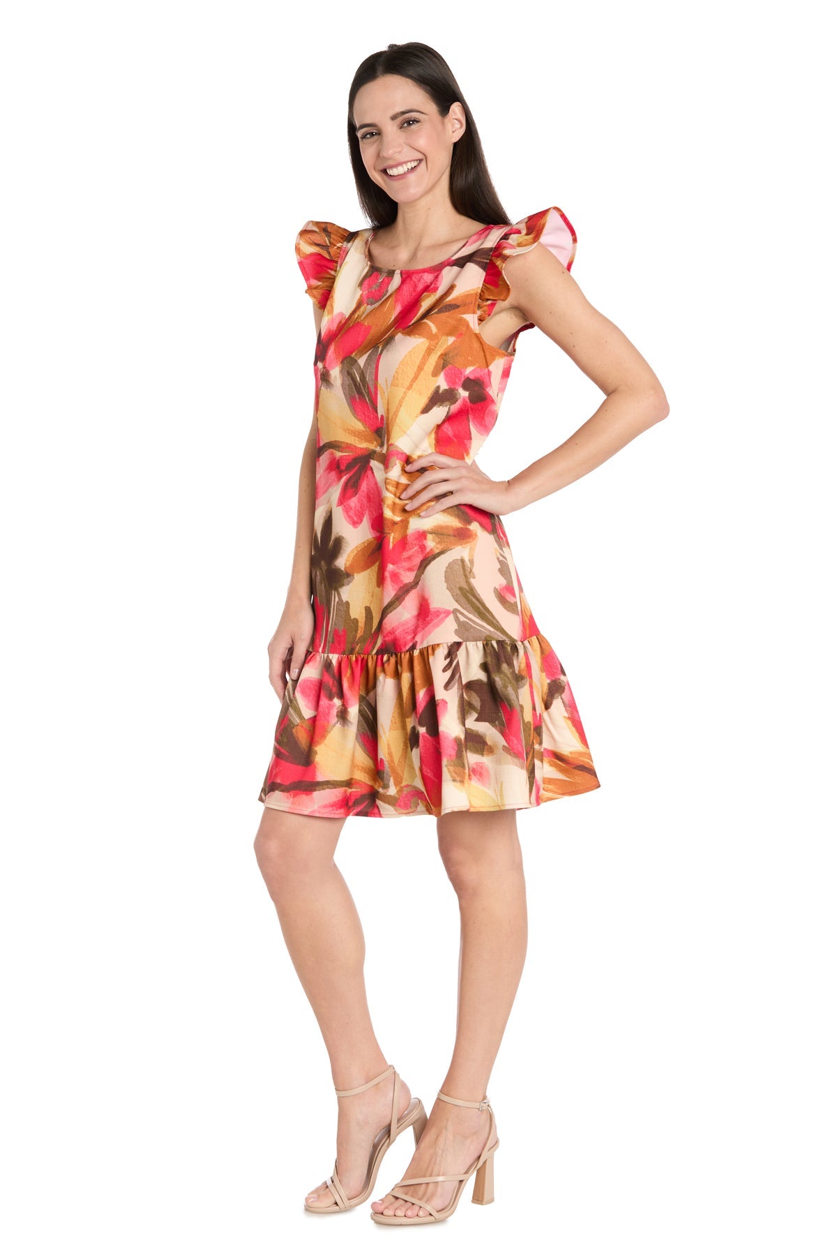 Cocktail Dresses Short Floral Print Ruffle Cocktail Dress Coral/Sand