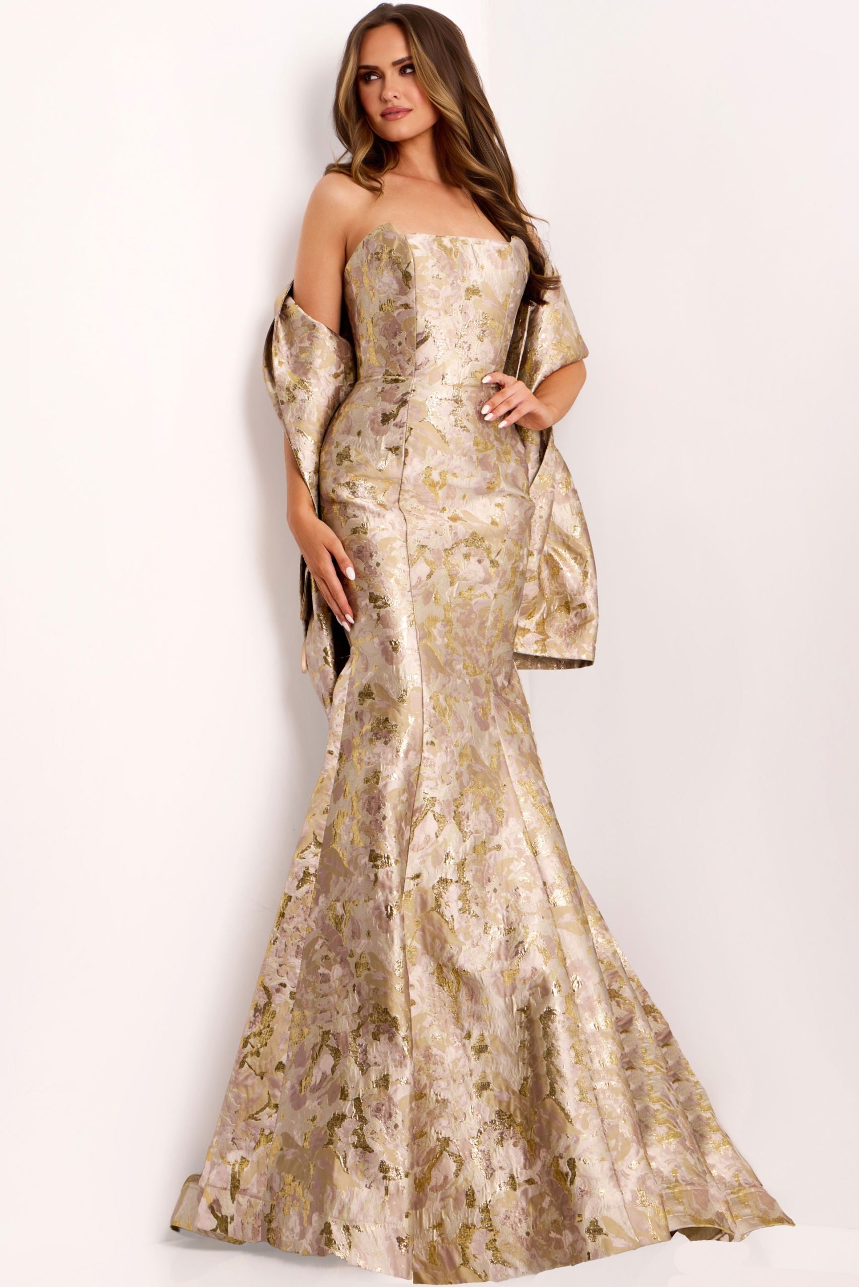 Formal Dresses Long Mermaid Formal Prom Metallic Dress Jovani 41131 Taupe/Gold