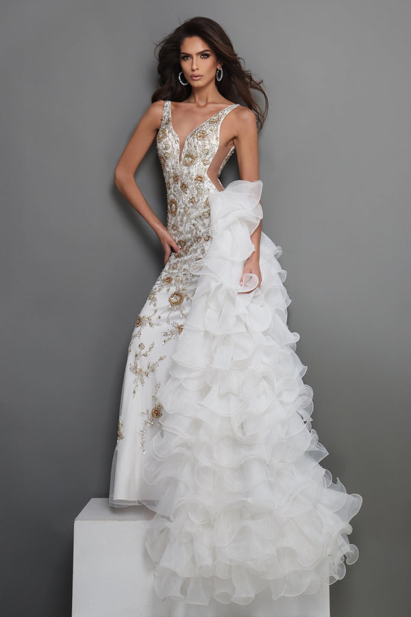 V-Neck Floor-Length Tulle Wedding Dress 41146