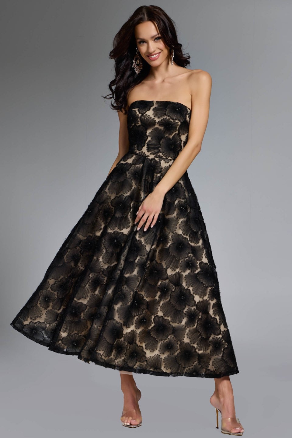 Strapless Curved Neck Tea-Length Lace Cocktail A-Line Jovani 41187