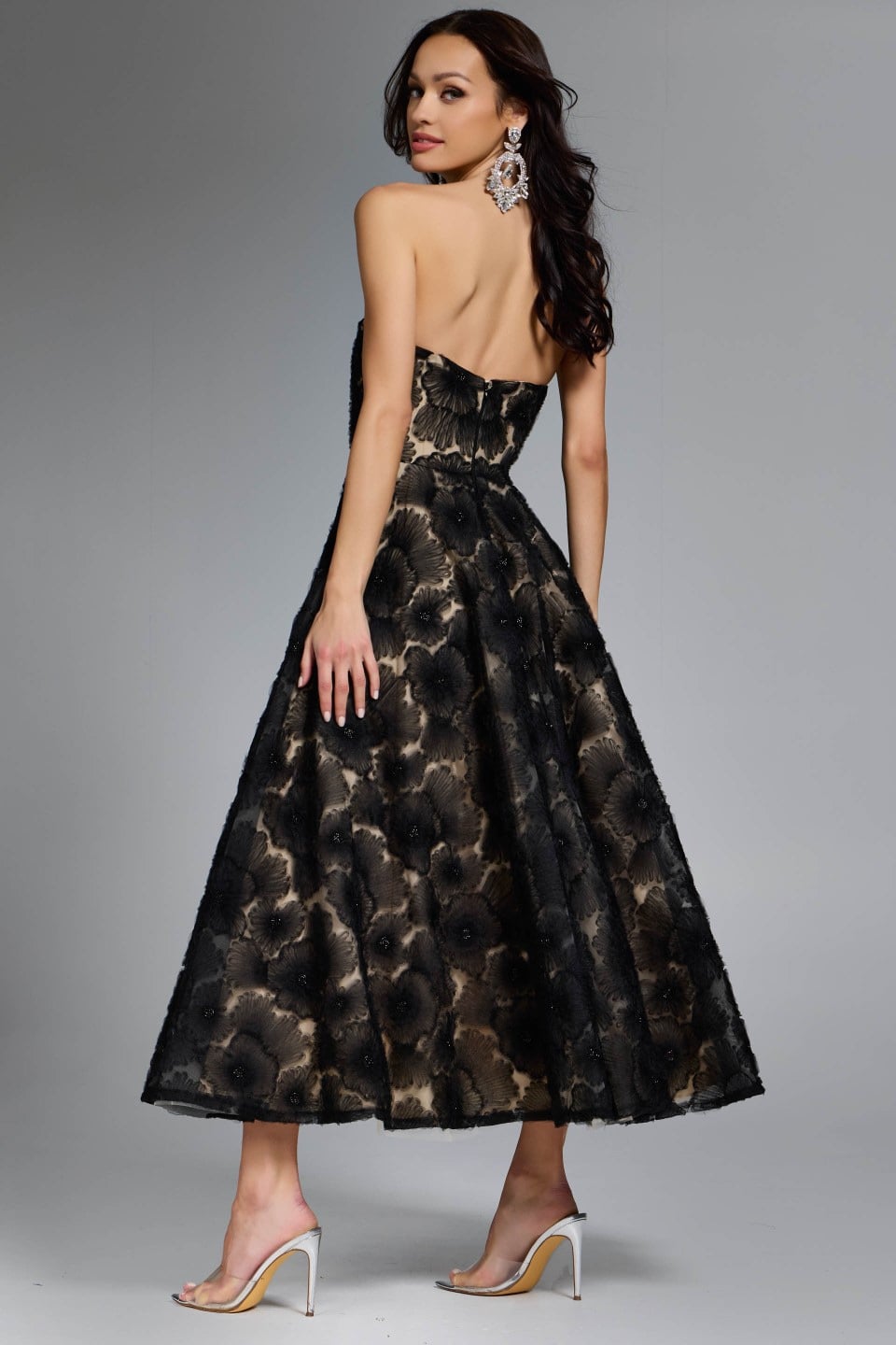 Strapless Curved Neck Tea-Length Lace Cocktail A-Line Jovani 41187