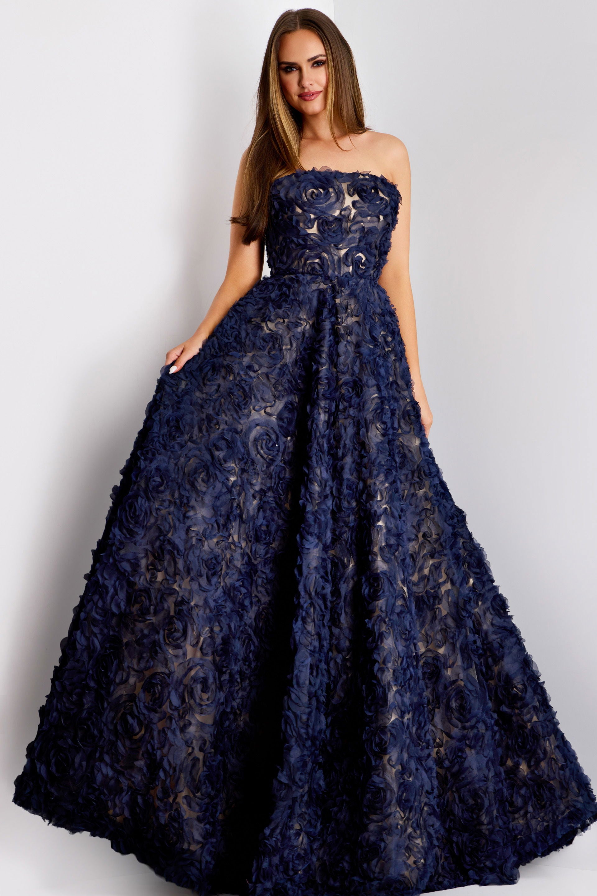 Formal Dresses Long Floral Prom Formal A Line Dress Jovani 41188 Navy/Nude