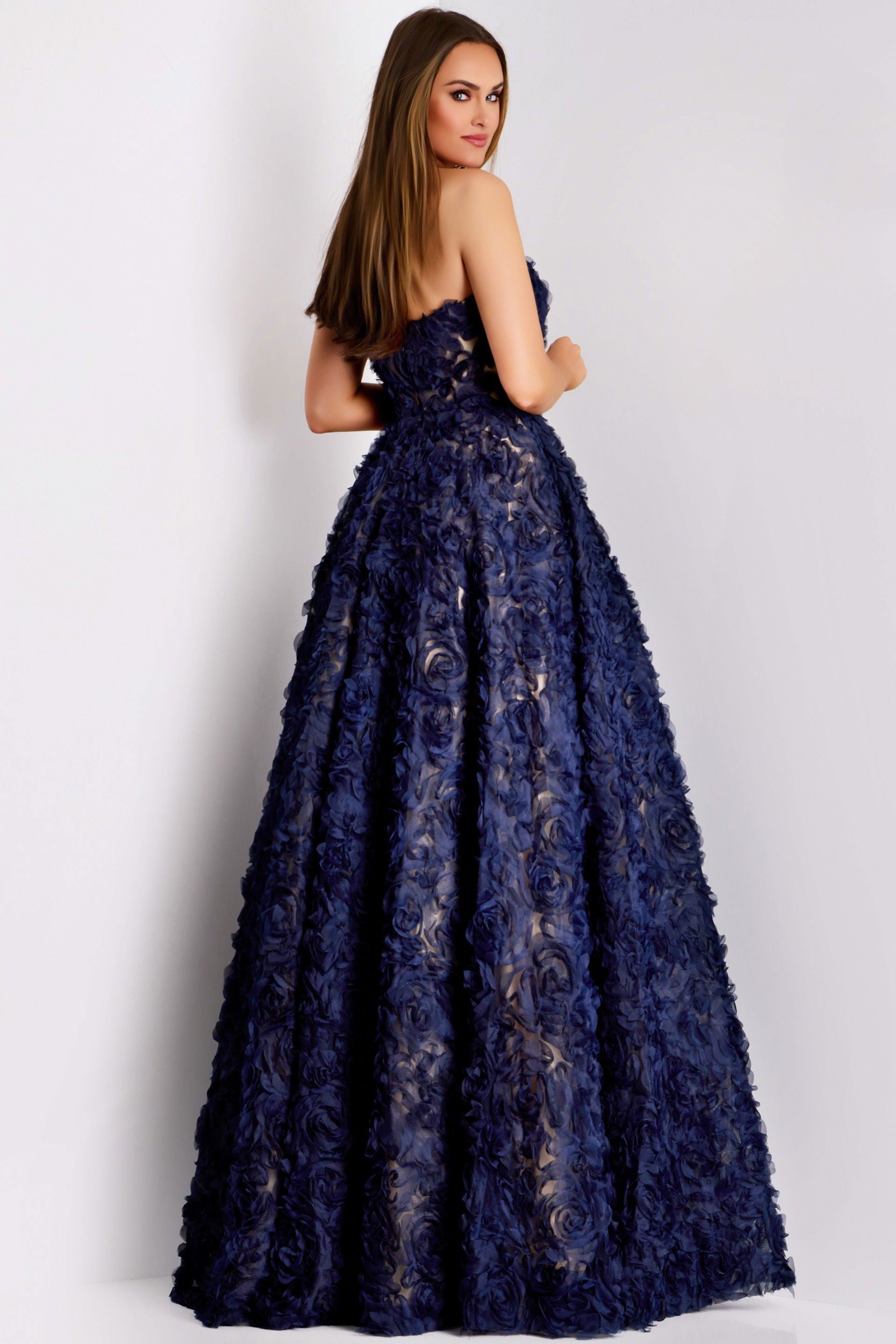 Formal Dresses Long Floral Prom Formal A Line Dress Jovani 41188 Navy/Nude