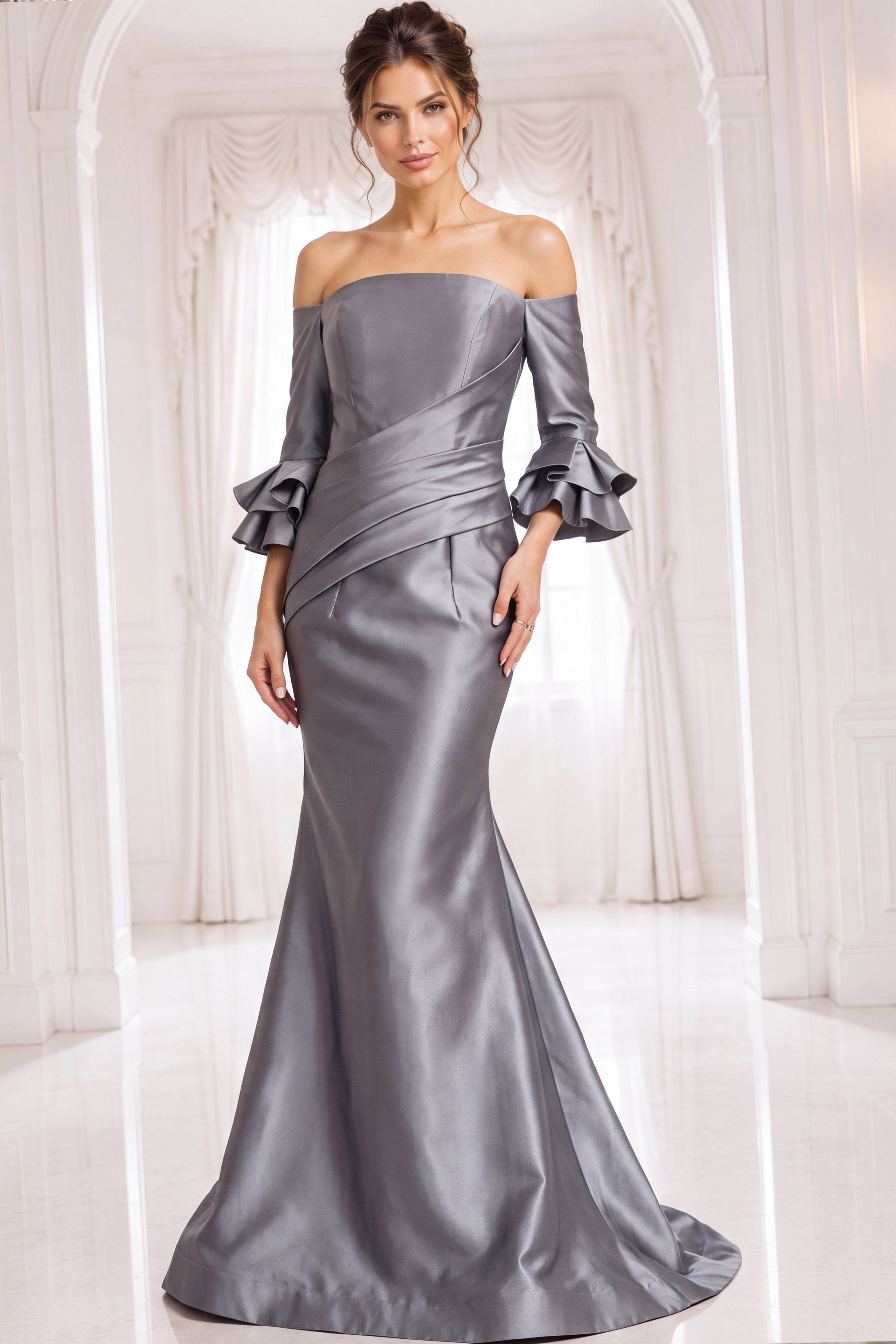 Steel Off-the-Shoulder Floor-Length Satin Formal Dress Ruffle Jovani 41190