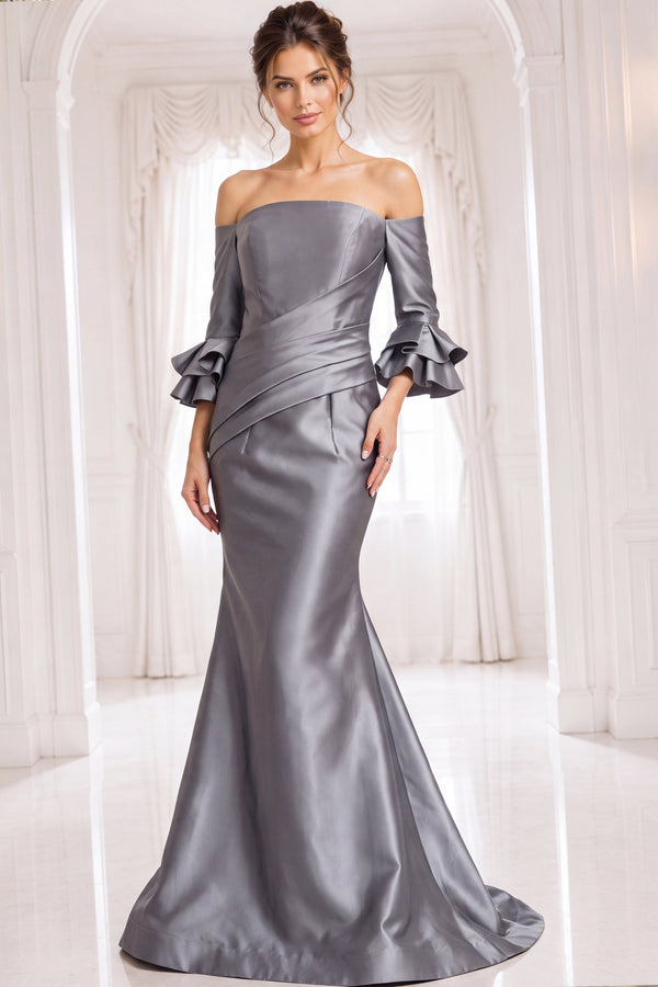 Off-the-Shoulder Floor-Length Satin Formal Dress Ruffle Jovani 41190