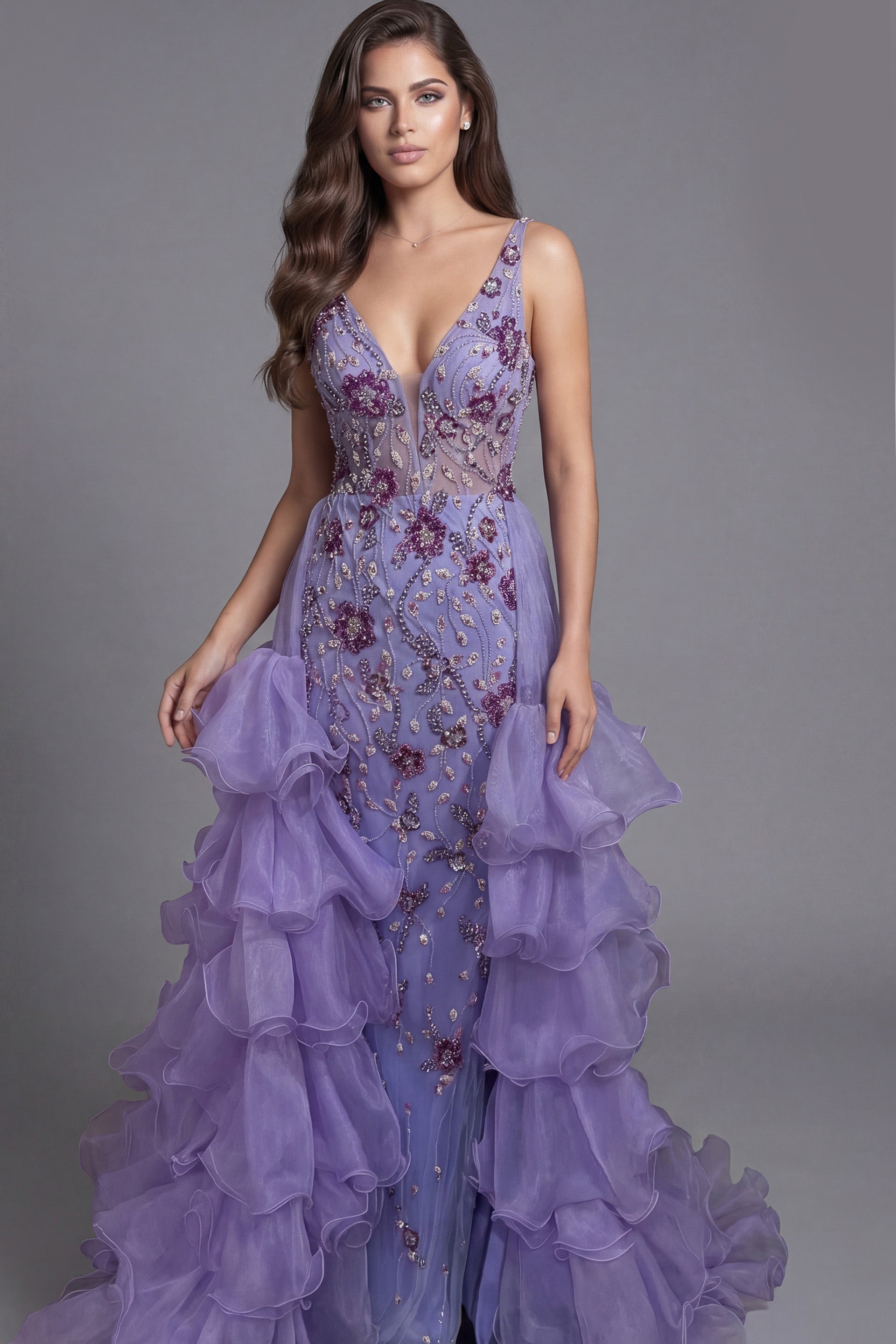 Lilac Deep V-Neck Floor-Length Tulle Pageant A-Line Prom Dress with Tiered Ruffles Jovani 41192