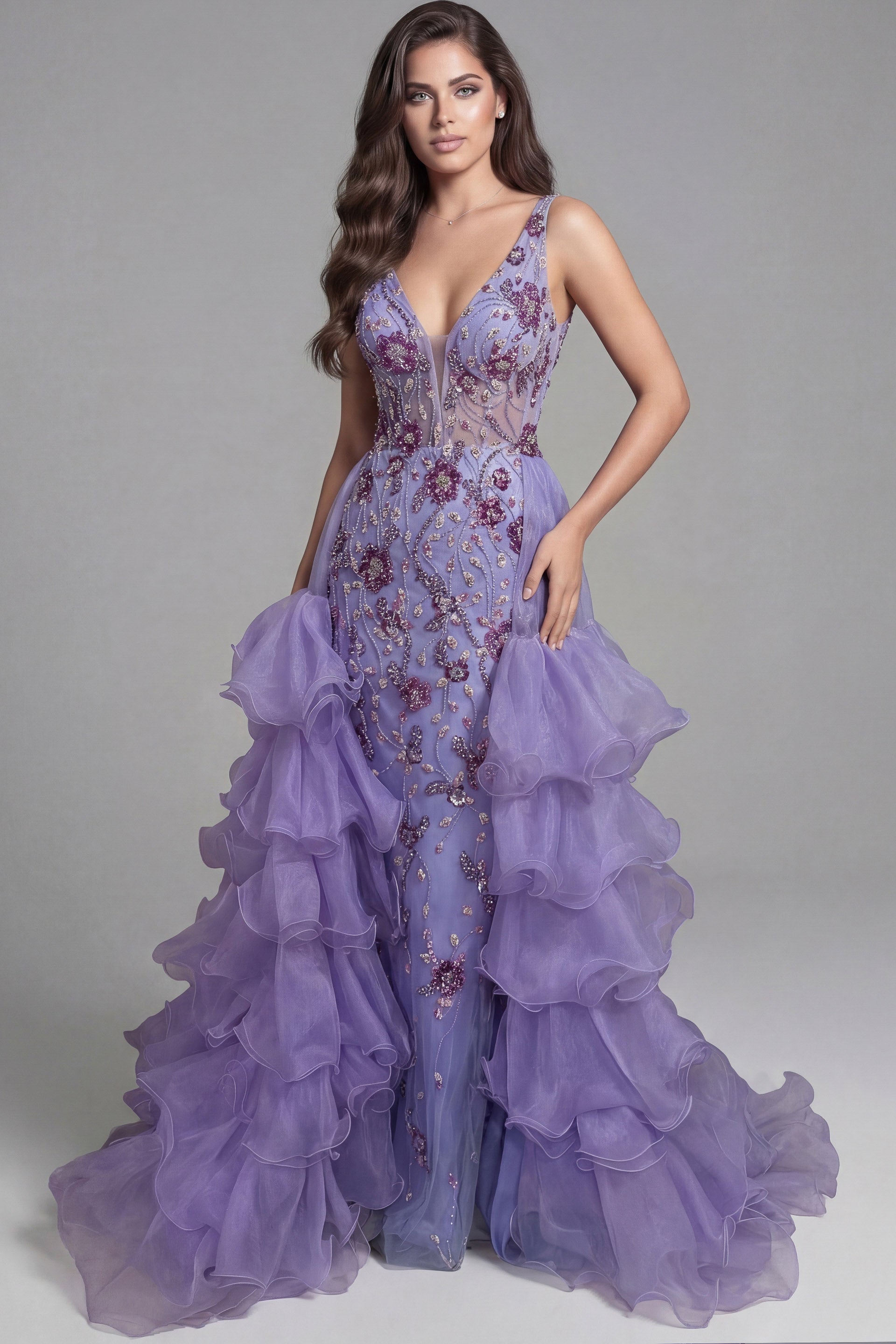 Lilac Deep V-Neck Floor-Length Tulle Pageant A-Line Prom Dress with Tiered Ruffles Jovani 41192