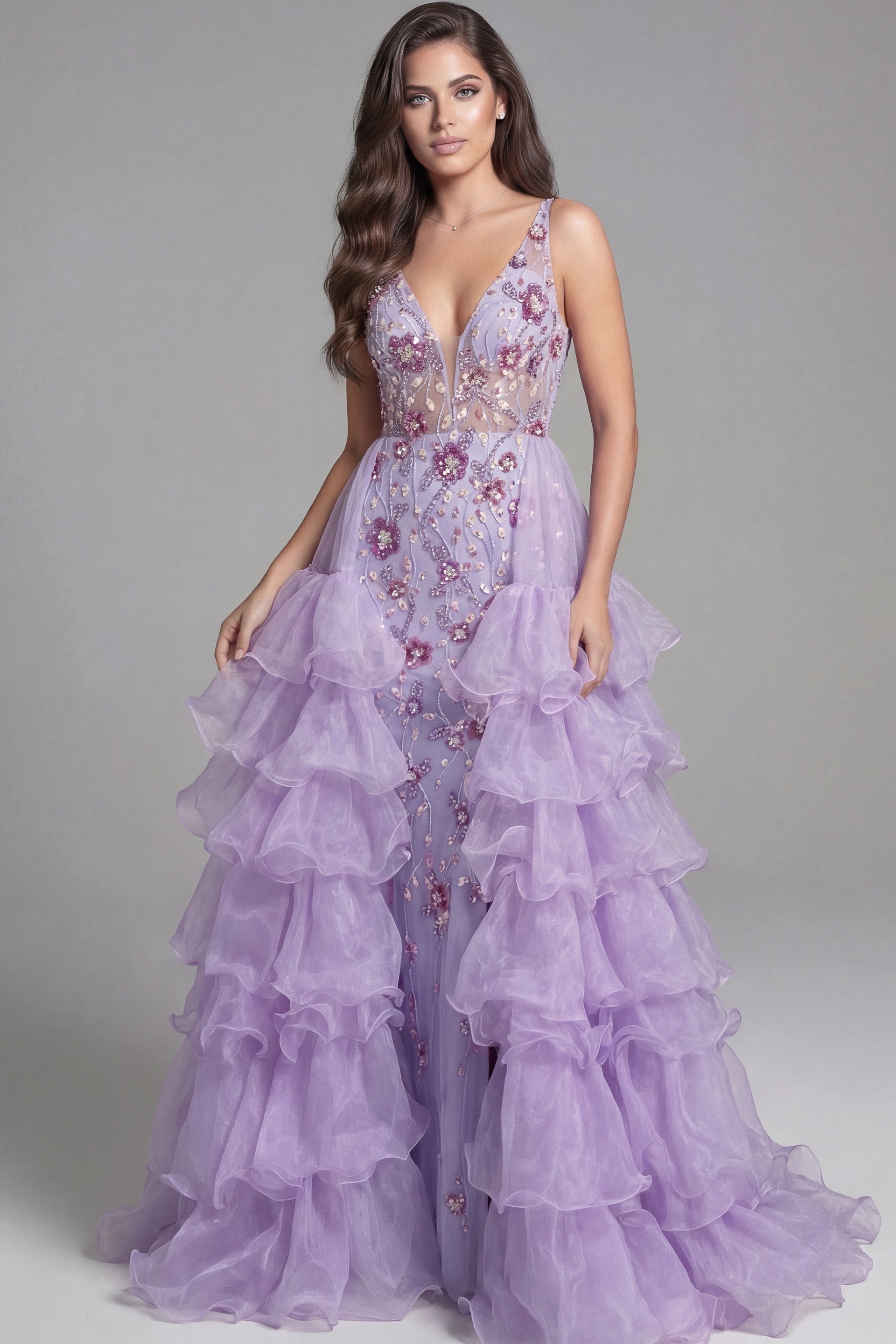 Lilac Deep V-Neck Floor-Length Tulle Pageant A-Line Prom Dress with Tiered Ruffles Jovani 41192
