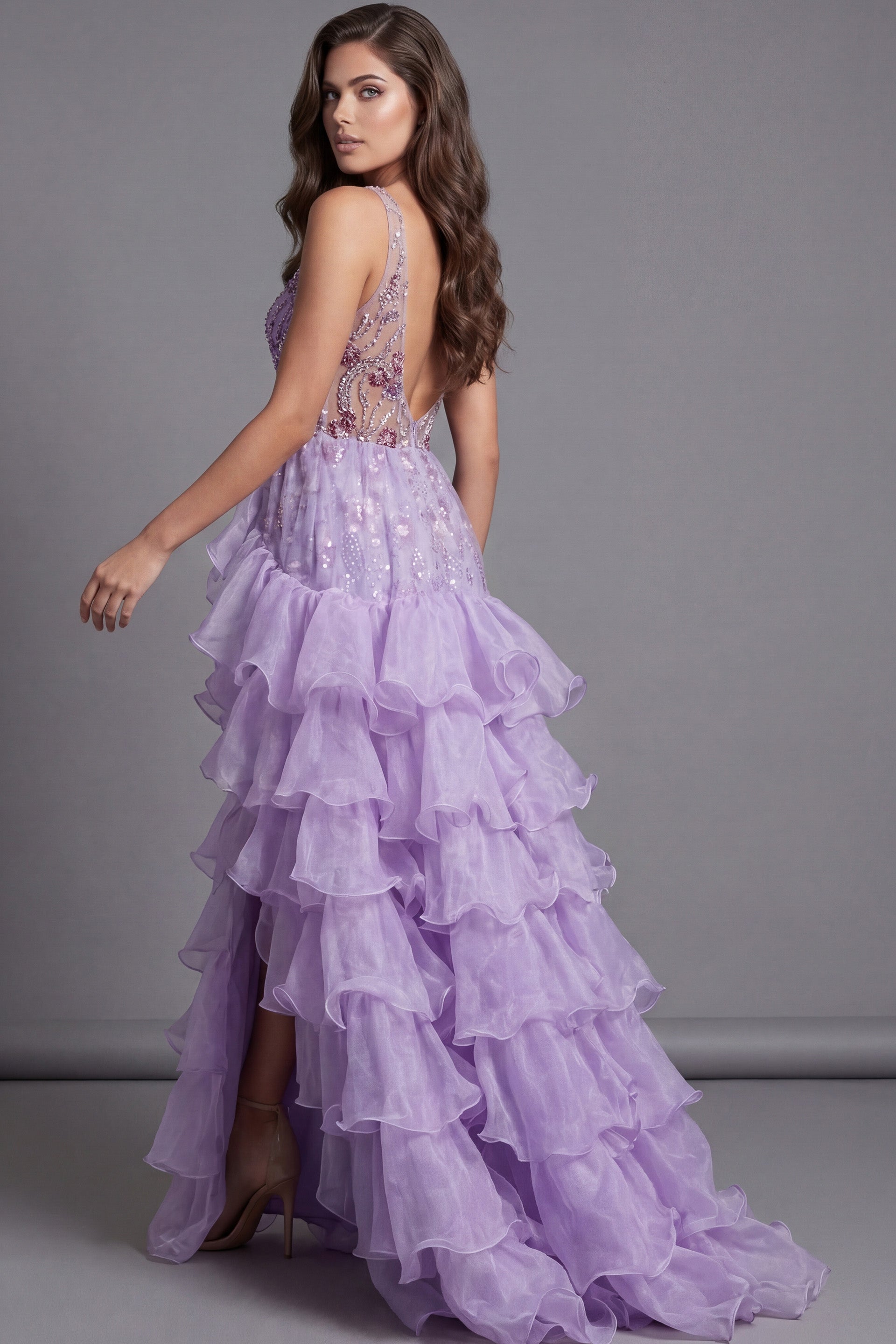 Lilac Deep V-Neck Floor-Length Tulle Pageant A-Line Prom Dress with Tiered Ruffles Jovani 41192