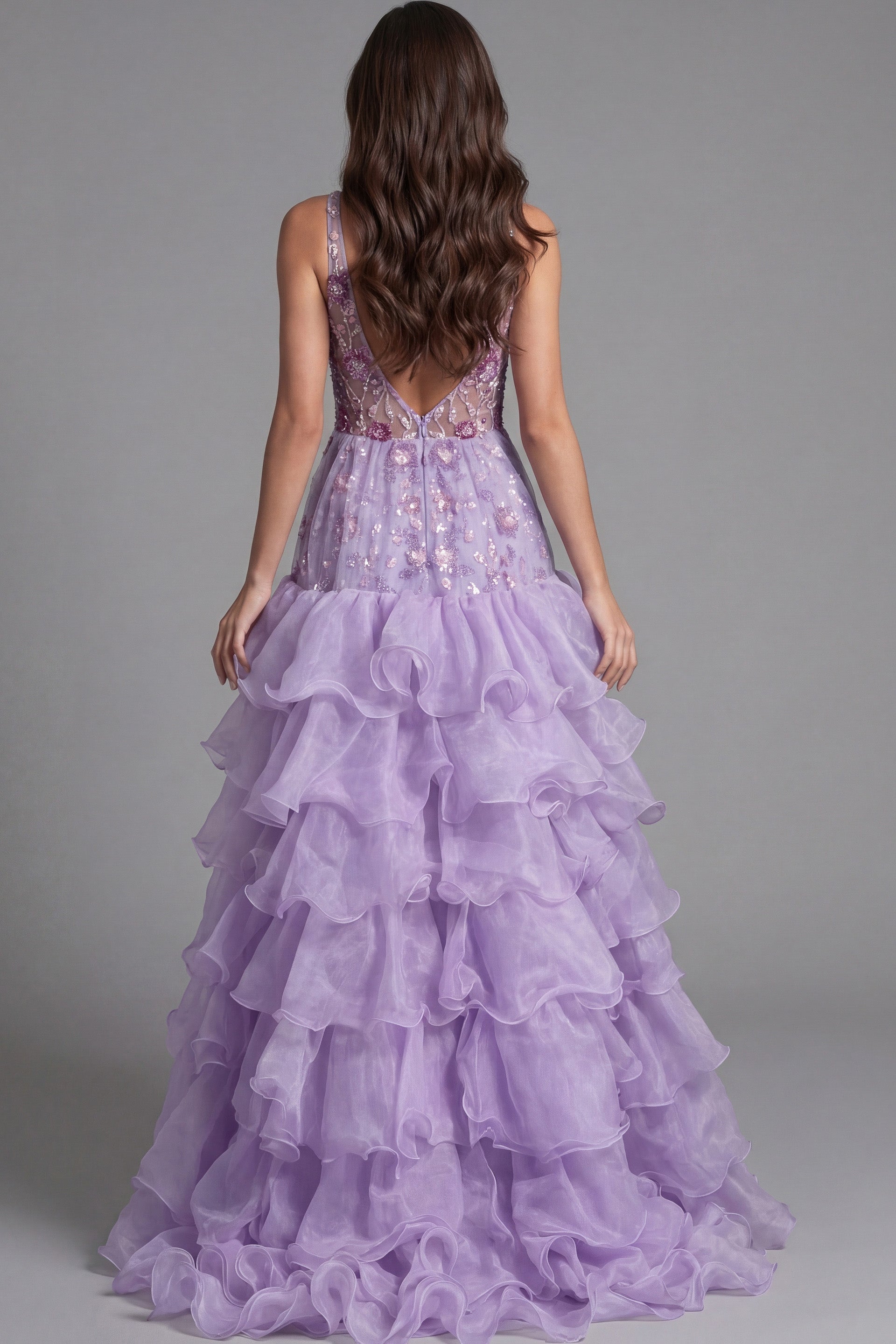 Lilac Deep V-Neck Floor-Length Tulle Pageant A-Line Prom Dress with Tiered Ruffles Jovani 41192