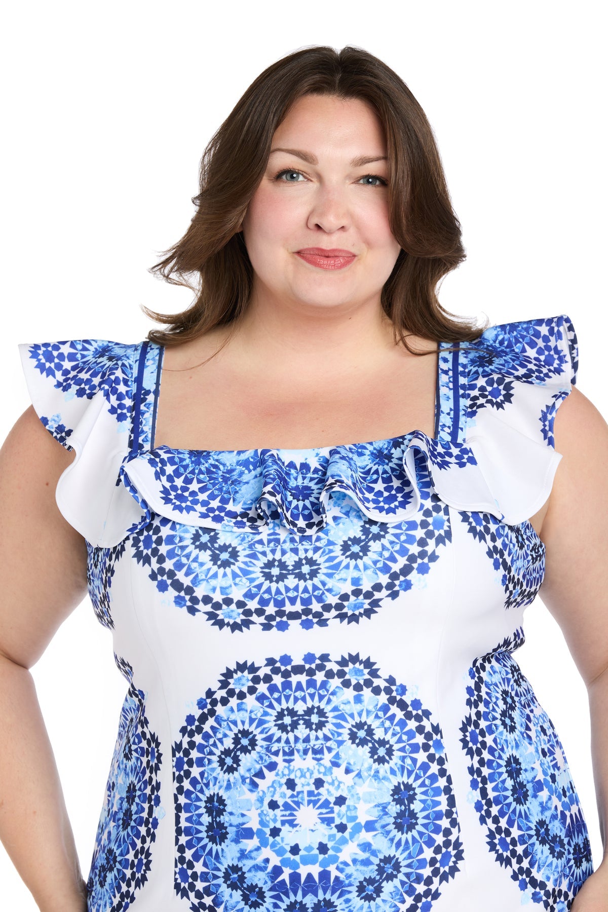 R&M Richards 4134W Plus Size Short Printed Ruffle Dress