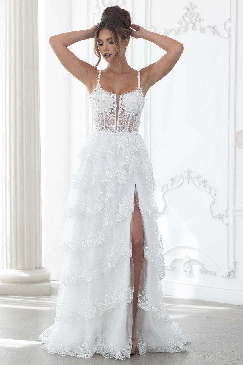 Spaghetti Strap Long Lace Wedding Dress by Lenovia 8372 in Ivory
