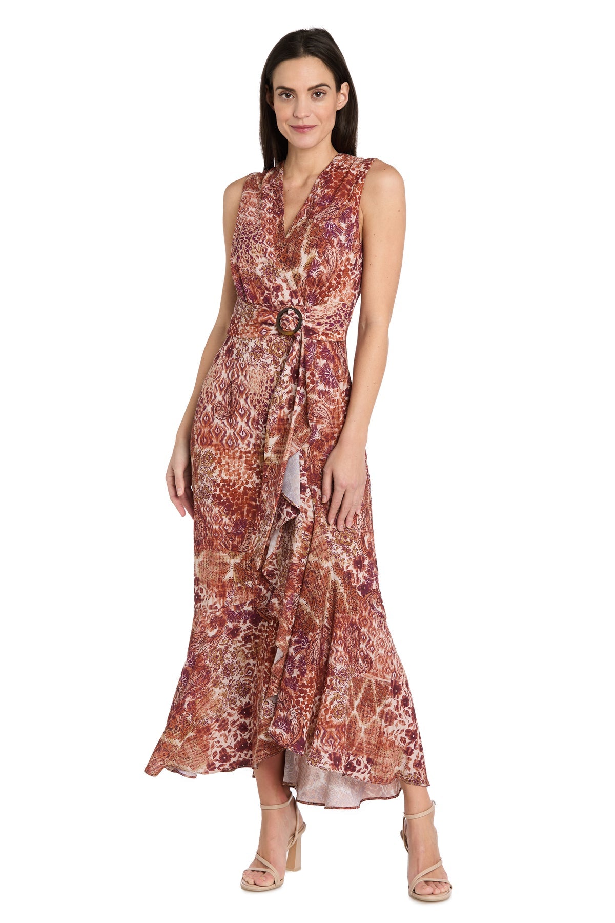 Long Formal Printed Dress A Line Maxi R&M Richards 4143 - Brown / 12 Long Formal Printed Dress A Line Maxi R&M Richards 4143 - Brown / 12