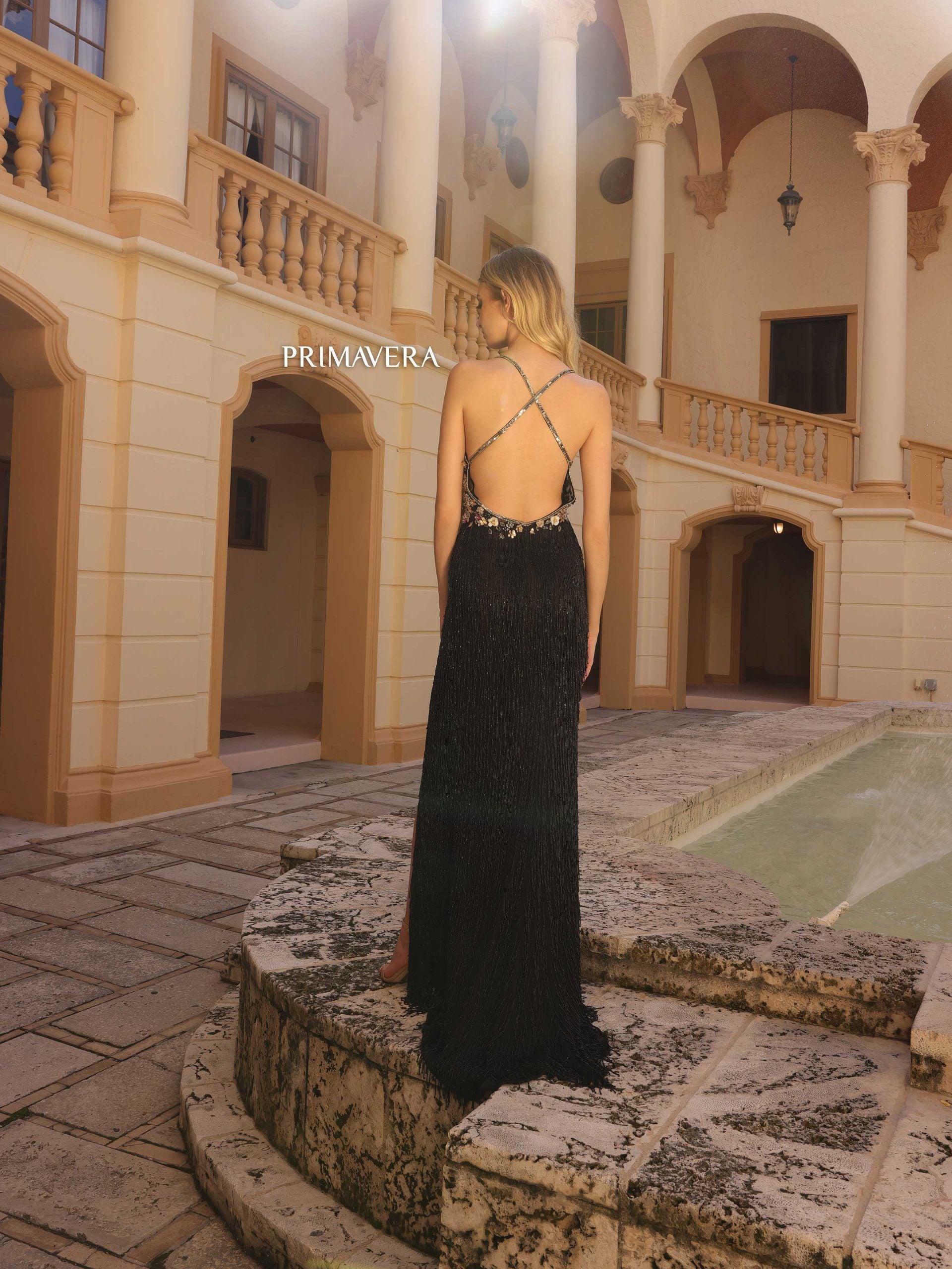 Primavera Couture 4145 Long Beaded Floral Formal Prom Fringe Dress
