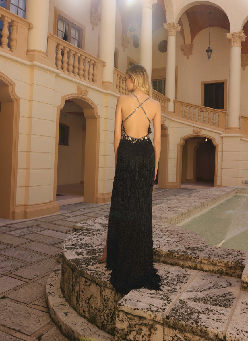 Prom Dresses Long Beaded Floral Formal Prom Fringe Dress Black