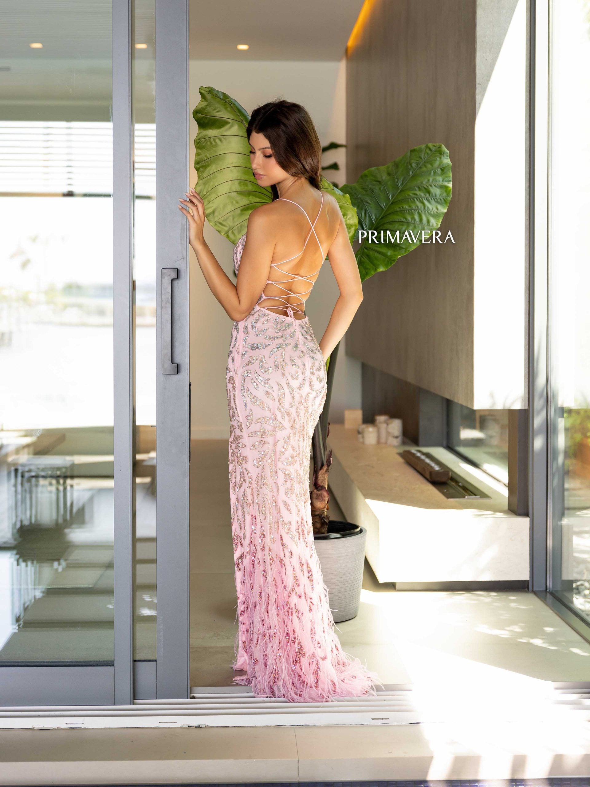 Primavera Couture 4147 Long Sequin Feather Formal Prom Dress