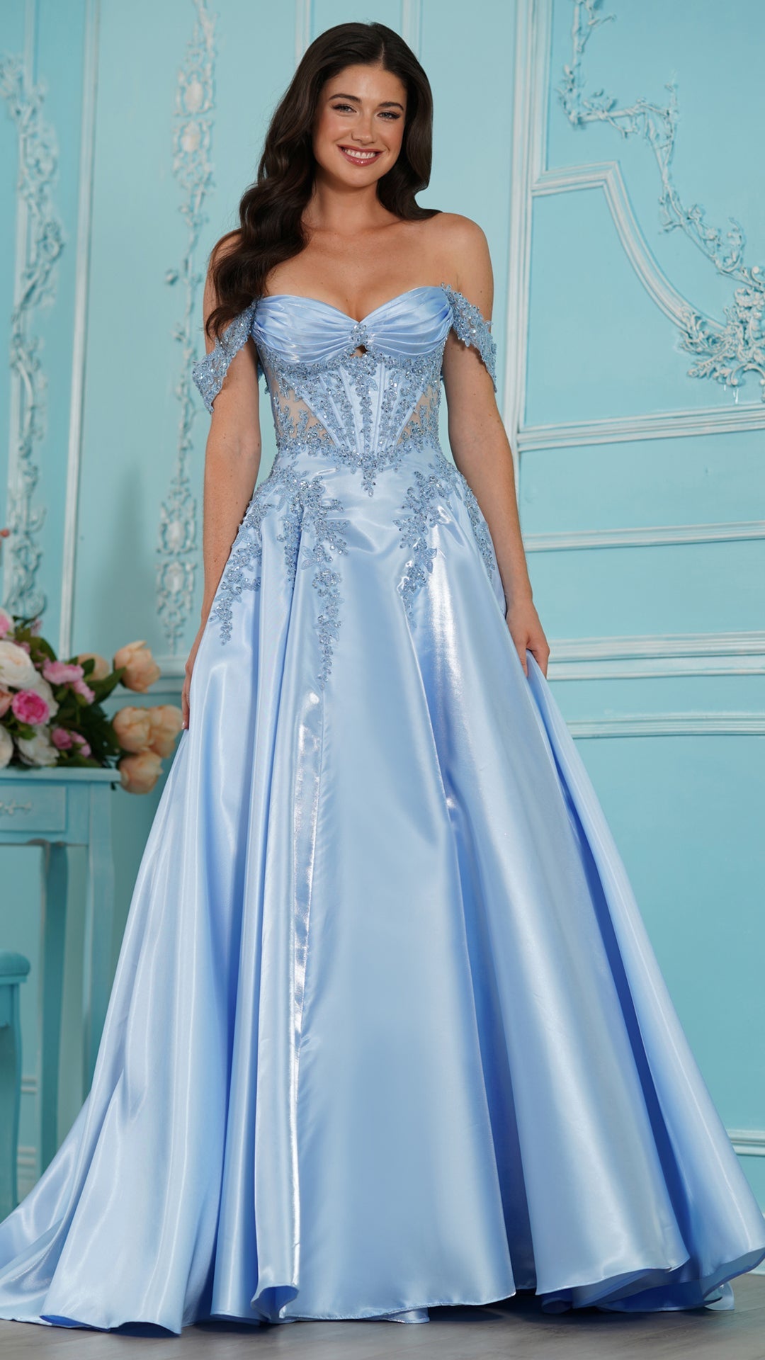Off-the-Shoulder Floor-Length Satin Formal A-Line Colors 4150