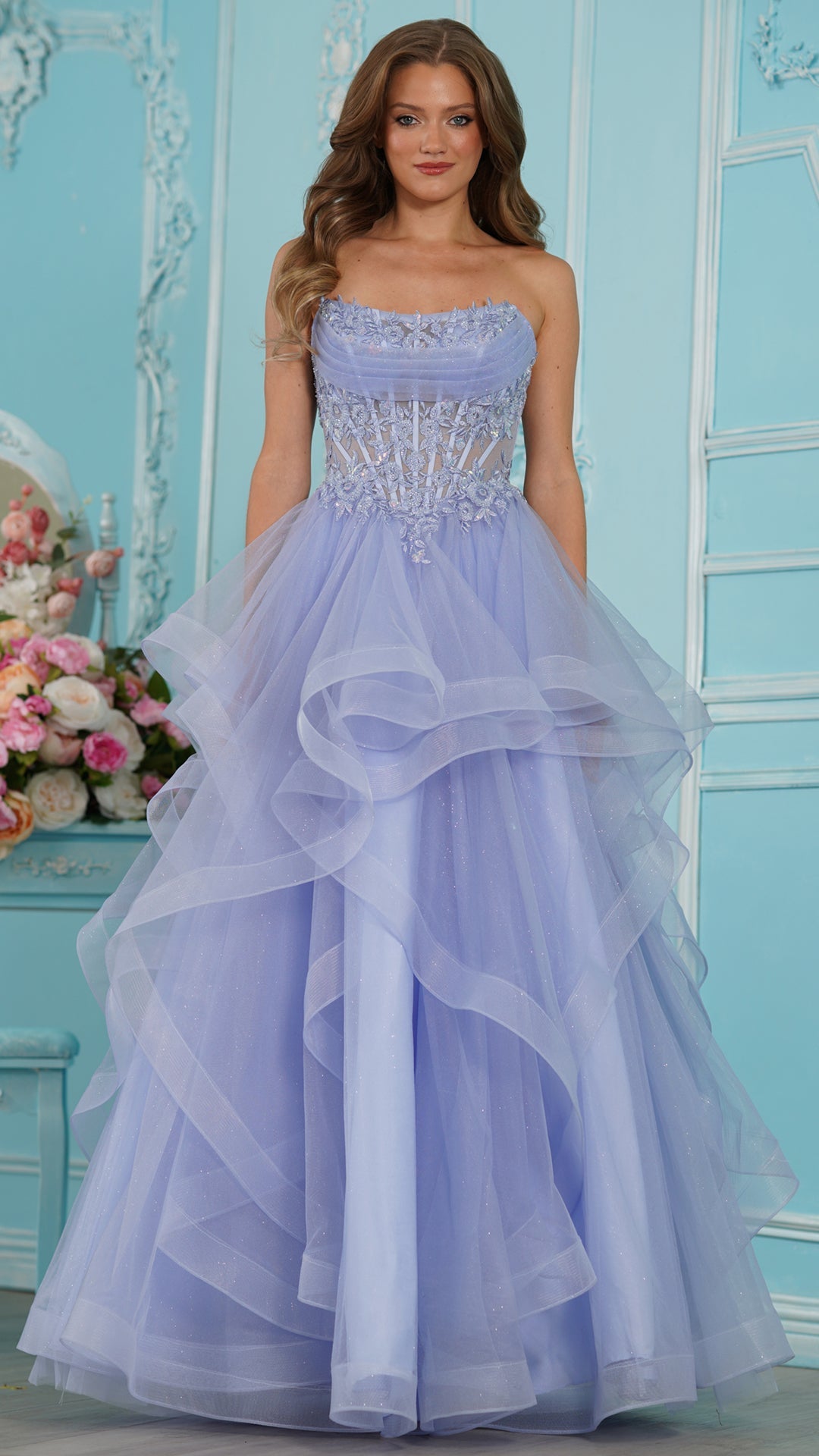 Strapless Curved Neck Floor-Length Tulle Occasion Ball Gown Colors 4151