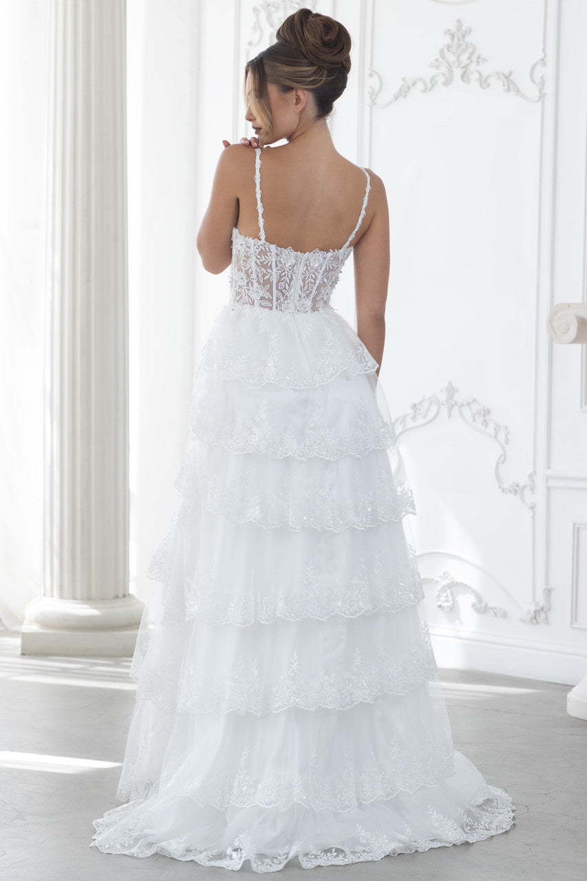 Spaghetti Strap Long Lace Wedding Dress by Lenovia 8372 in Ivory