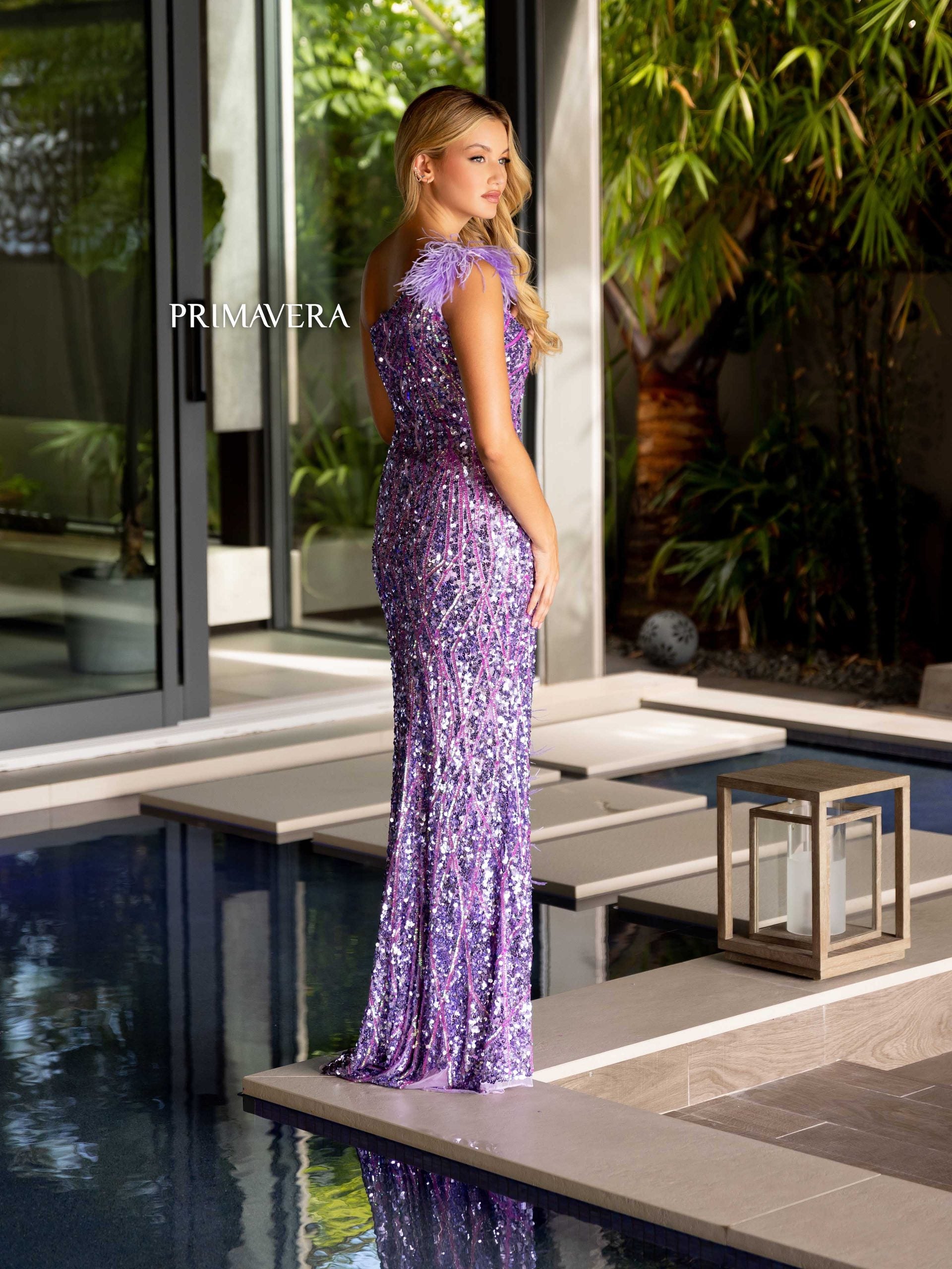 Primavera Couture 4169 Long Formal Sequins Feather Prom Dress