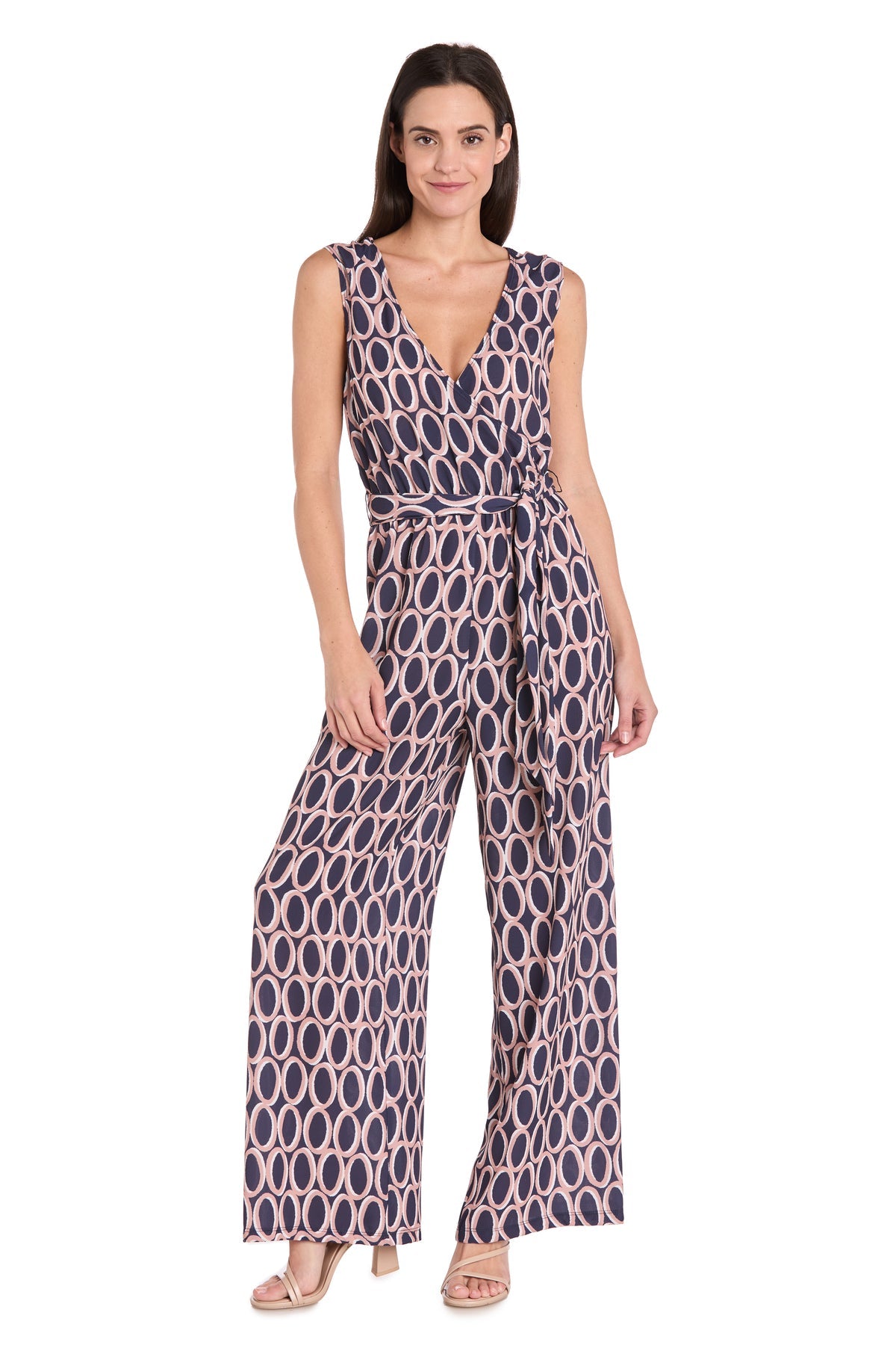 Women's R&M Richards Elastic & Tie Waist Print Crepon Jumpsuit, Size: 12, Navy Tan Women's R&M Richards Elastic & Tie Waist Print Crepon Jumpsuit, Size: 12, Navy Tan